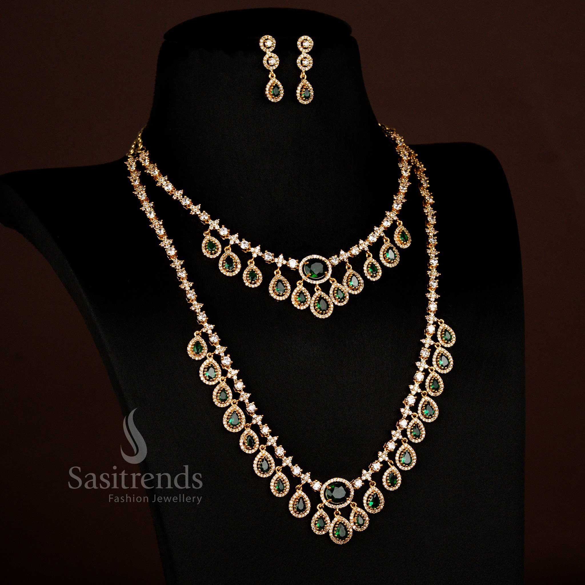 Radiant American Diamond Matte Gold Plated Dropping Water Necklace Combo Jewellery Set for Wedding and Party Wear - Image 5
