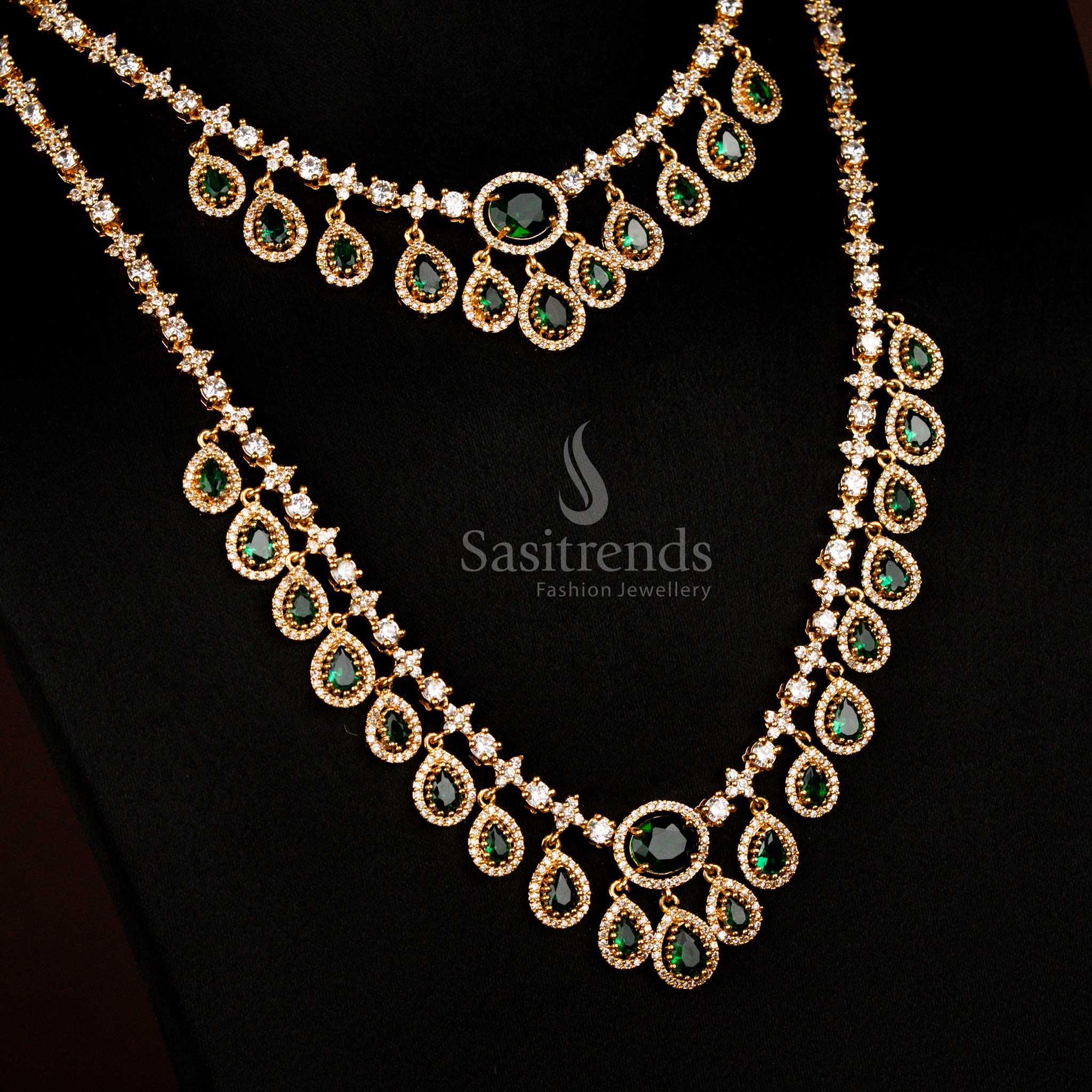 Radiant American Diamond Matte Gold Plated Dropping Water Necklace Combo Jewellery Set for Wedding and Party Wear - Image 8