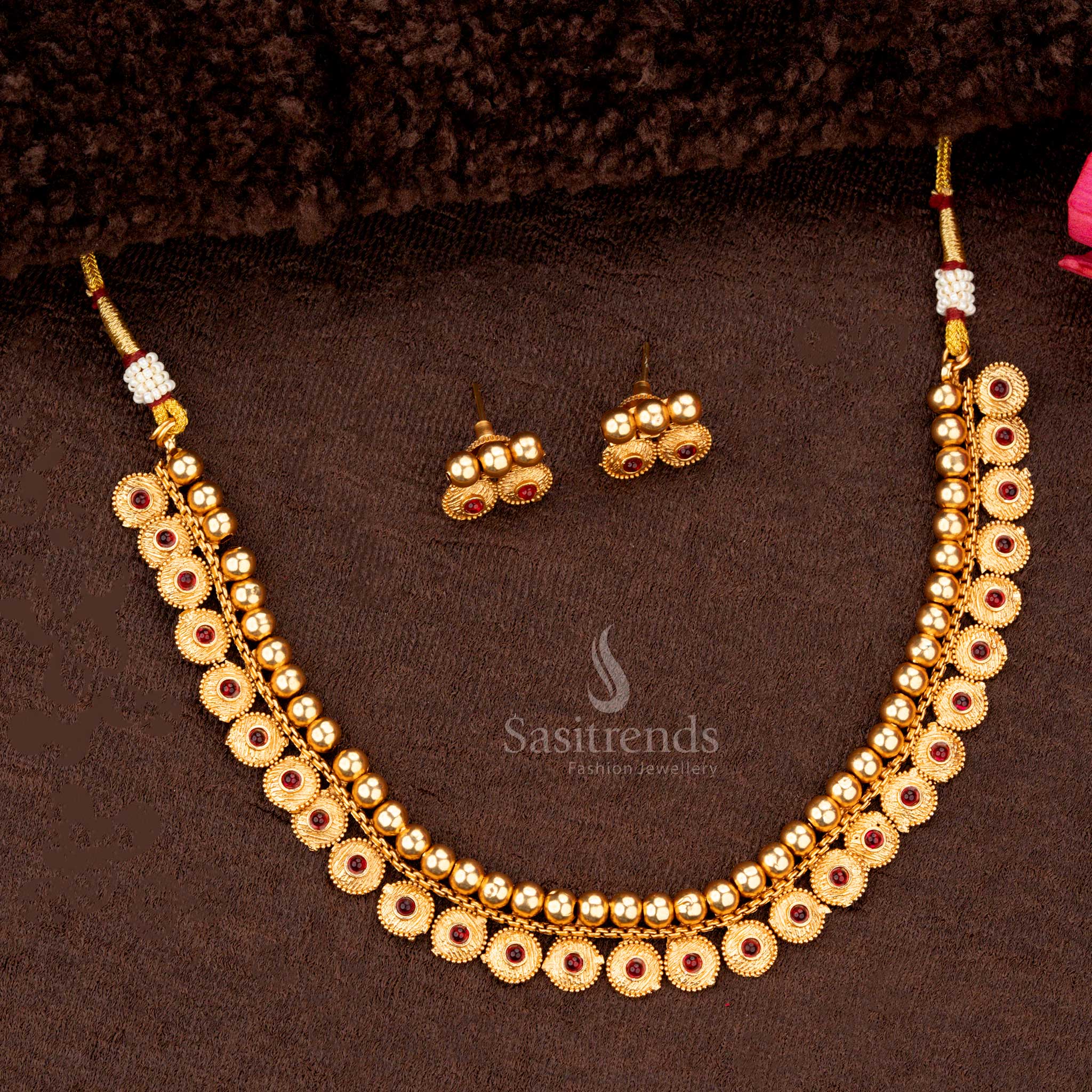 Majestic Classic Temple Matte Gold-Plated Necklace Jewellery Set with Floral Round Motifs - Sasitrends - Image 6