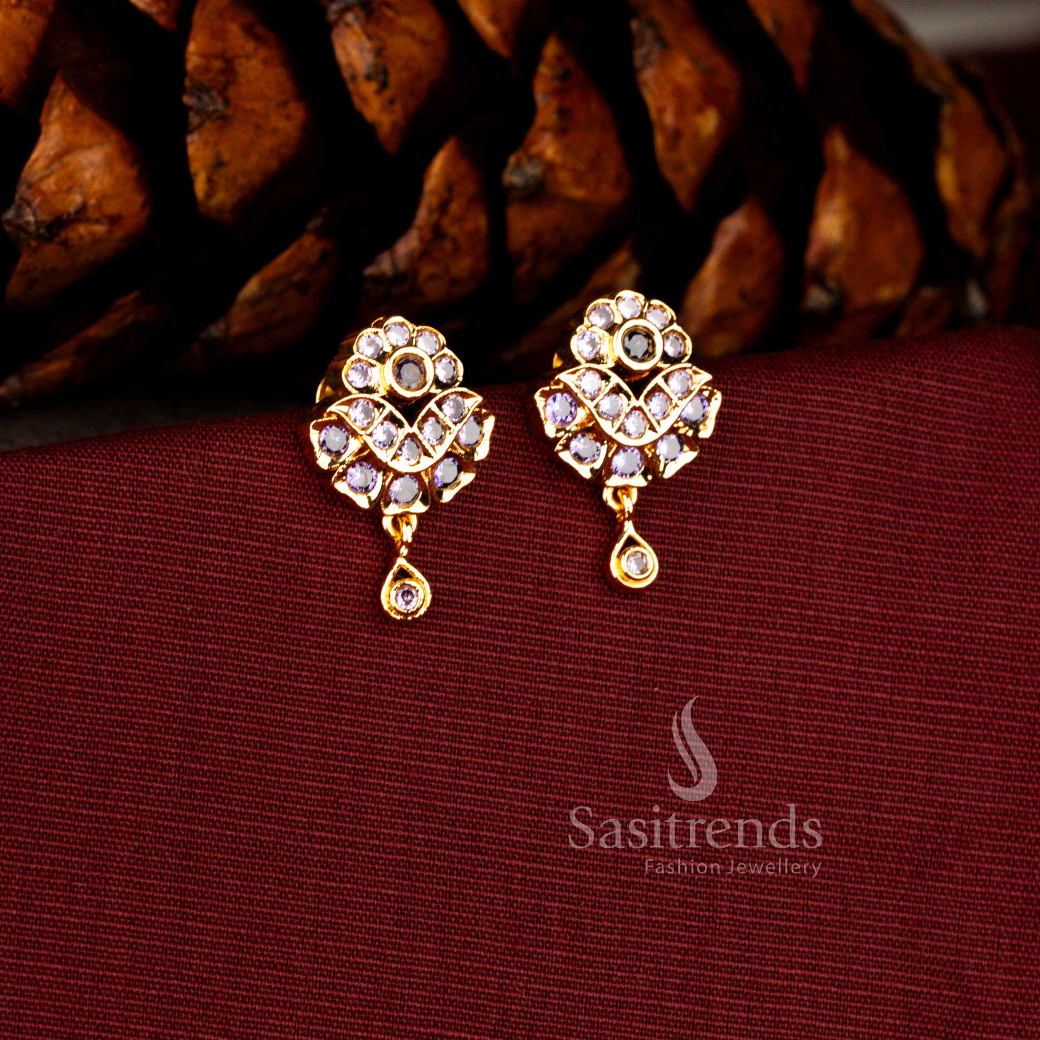 Radiant Micro Gold Plated AD Floral Drop Dangle Earrings with Sculpted Teardrop Finish – Guaranteed | 24 Carat Gold Glow - Image 2