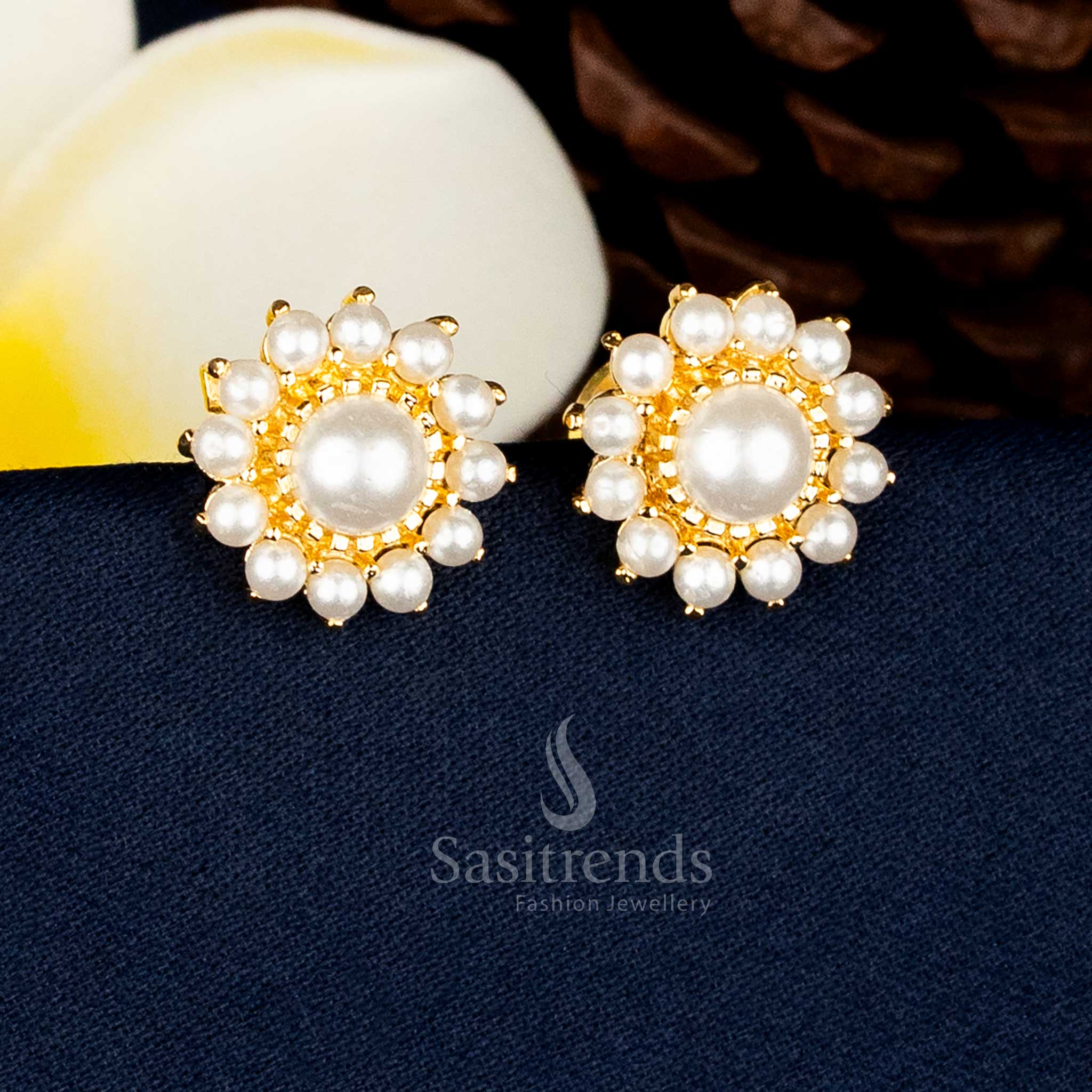 Radiant Micro Gold Plated Round Flower AD Stone and Pearl Stud Earrings for Festive Occasions - Guaranteed - Image 2