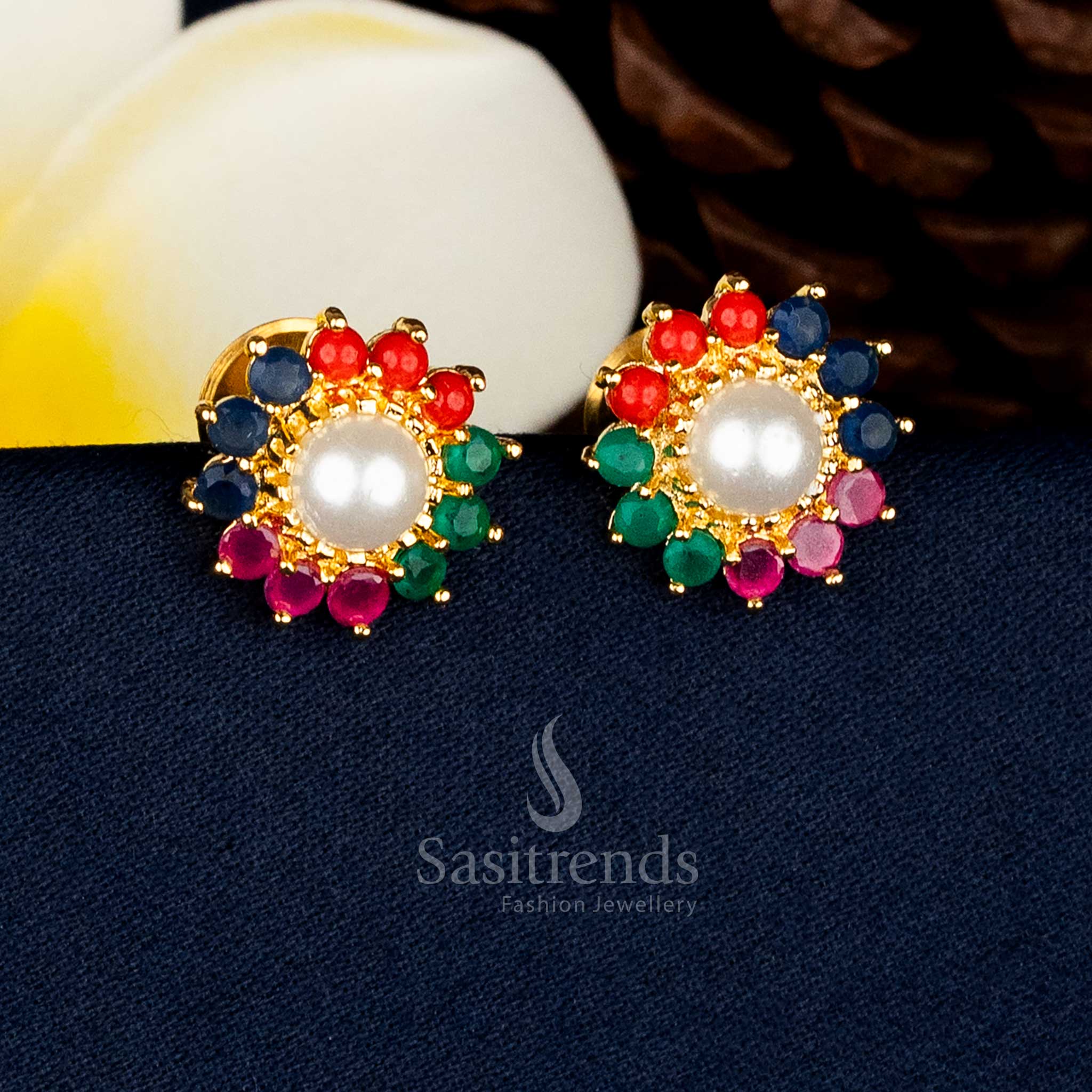 Radiant Micro Gold Plated Round Flower AD Stone and Pearl Stud Earrings for Festive Occasions - Guaranteed - Image 3