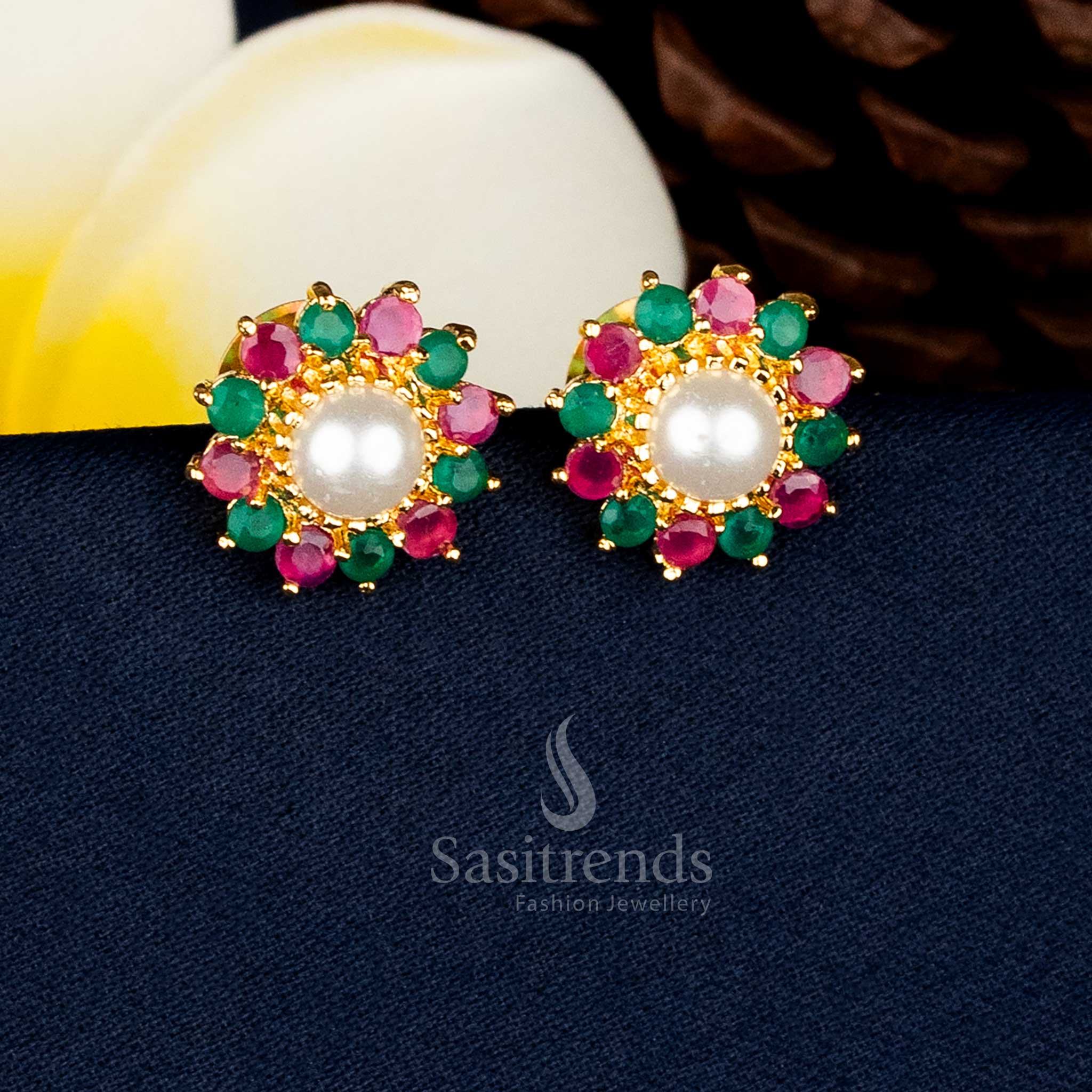 Radiant Micro Gold Plated Round Flower AD Stone and Pearl Stud Earrings for Festive Occasions - Guaranteed - Image 4