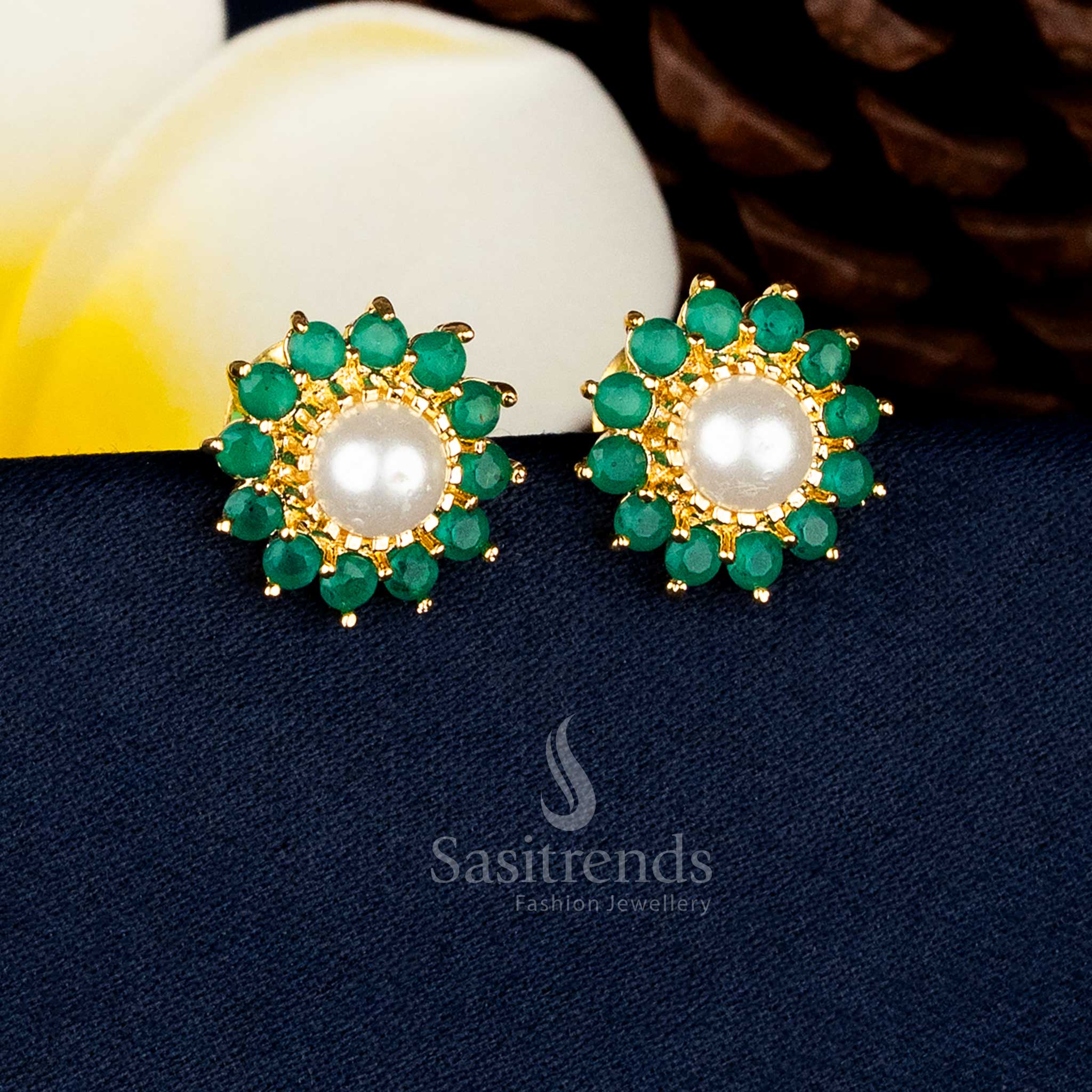 Radiant Micro Gold Plated Round Flower AD Stone and Pearl Stud Earrings for Festive Occasions - Guaranteed - Image 5