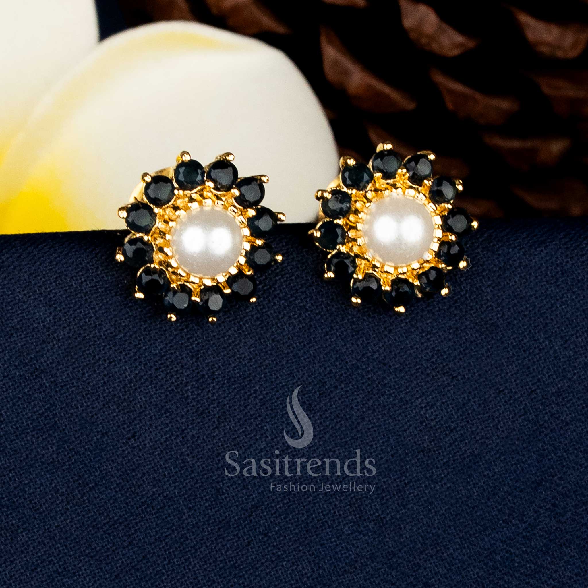 Radiant Micro Gold Plated Round Flower AD Stone and Pearl Stud Earrings for Festive Occasions - Guaranteed - Image 6