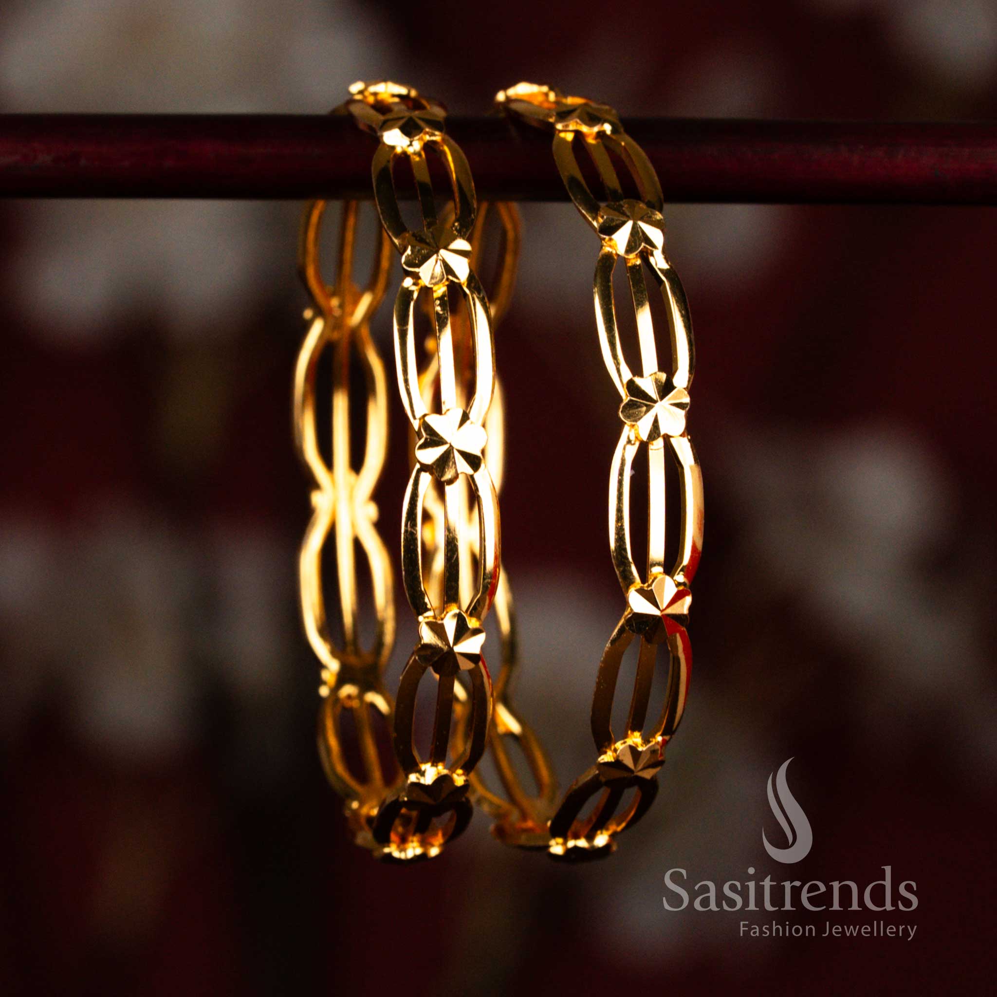 Elegant Micro Gold Plated Pair of 2 Filigree Link Star-Cut Designer Bangles for Temple & Ethnic Traditional Wear