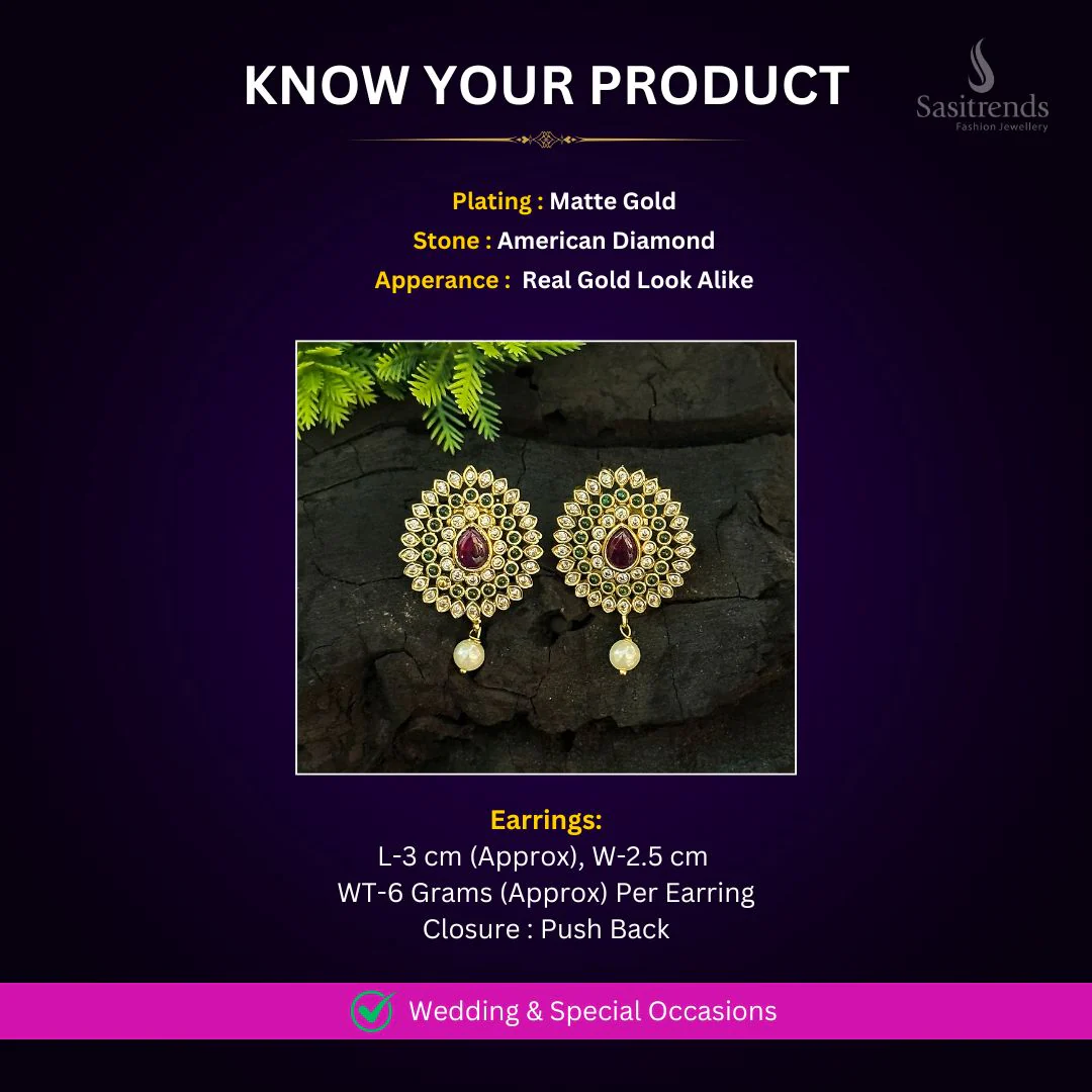 New Collections: Temple Matte Gold Plated Dazzling Beauty AD Stone Stud Earrings | Sasitrends - Image 2