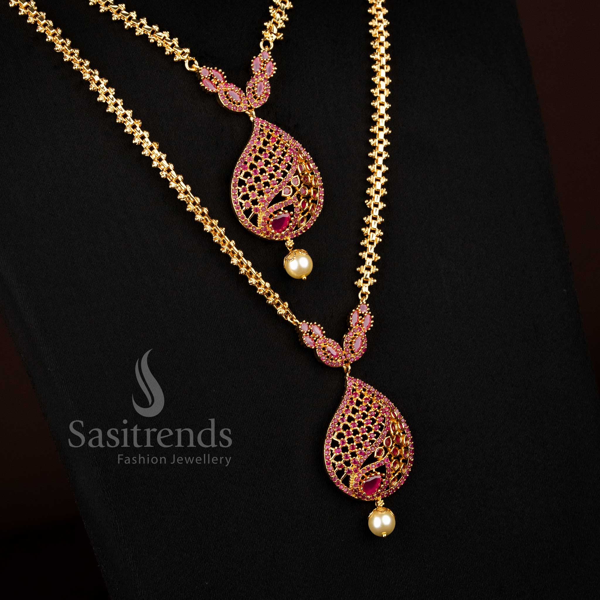 Traditional 24K Micro Gold Plated AD Stone Short & Long Combo Necklace with Teardrop Filigree Pendant Design - Guaranteed - Image 9