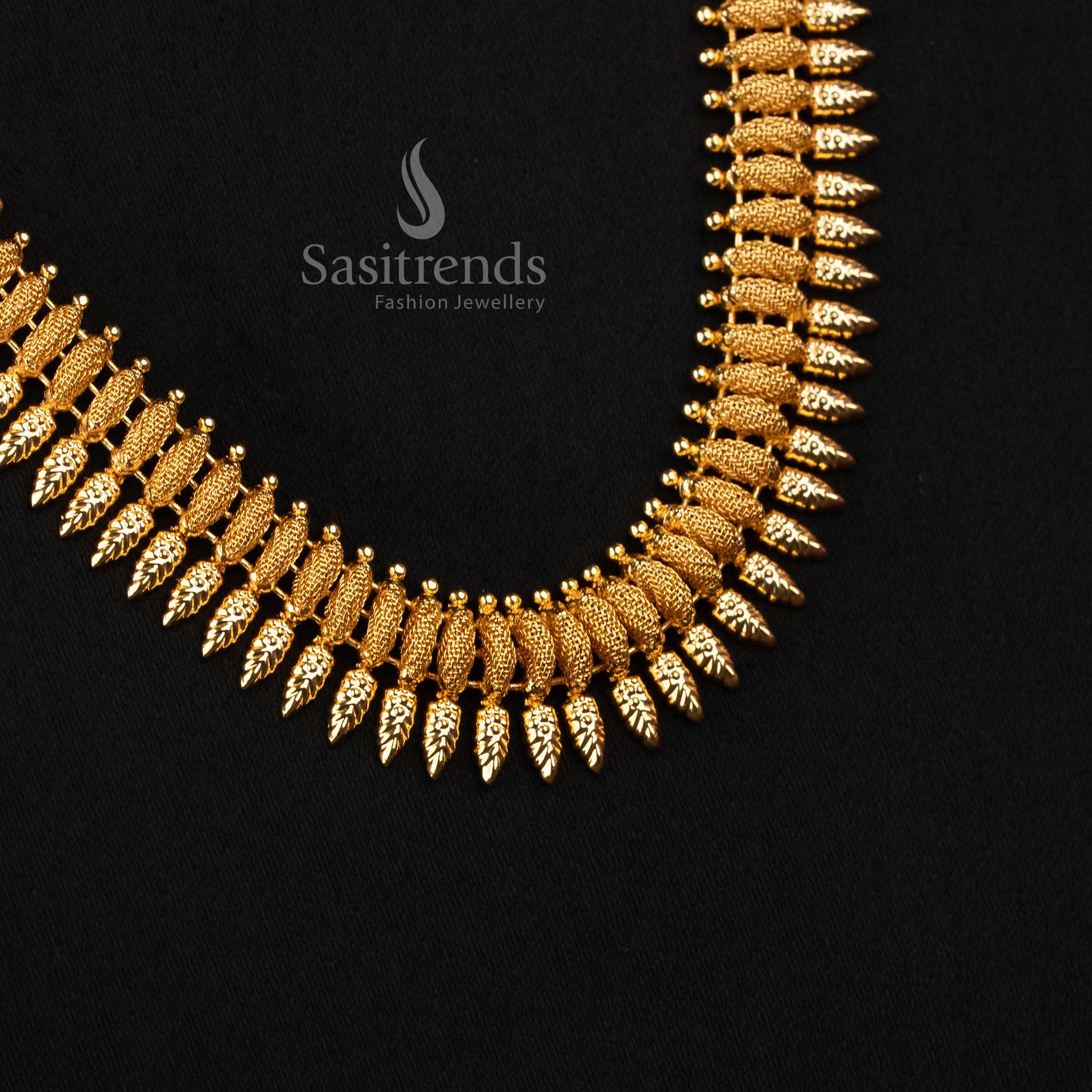 Guaranteed Micro Gold Plated Spine Link Leaf Pattern Long Necklace Jewellery with Dense Textured Structured Design | Ideal for Festive Occasions & Traditional Gatherings - Image 3