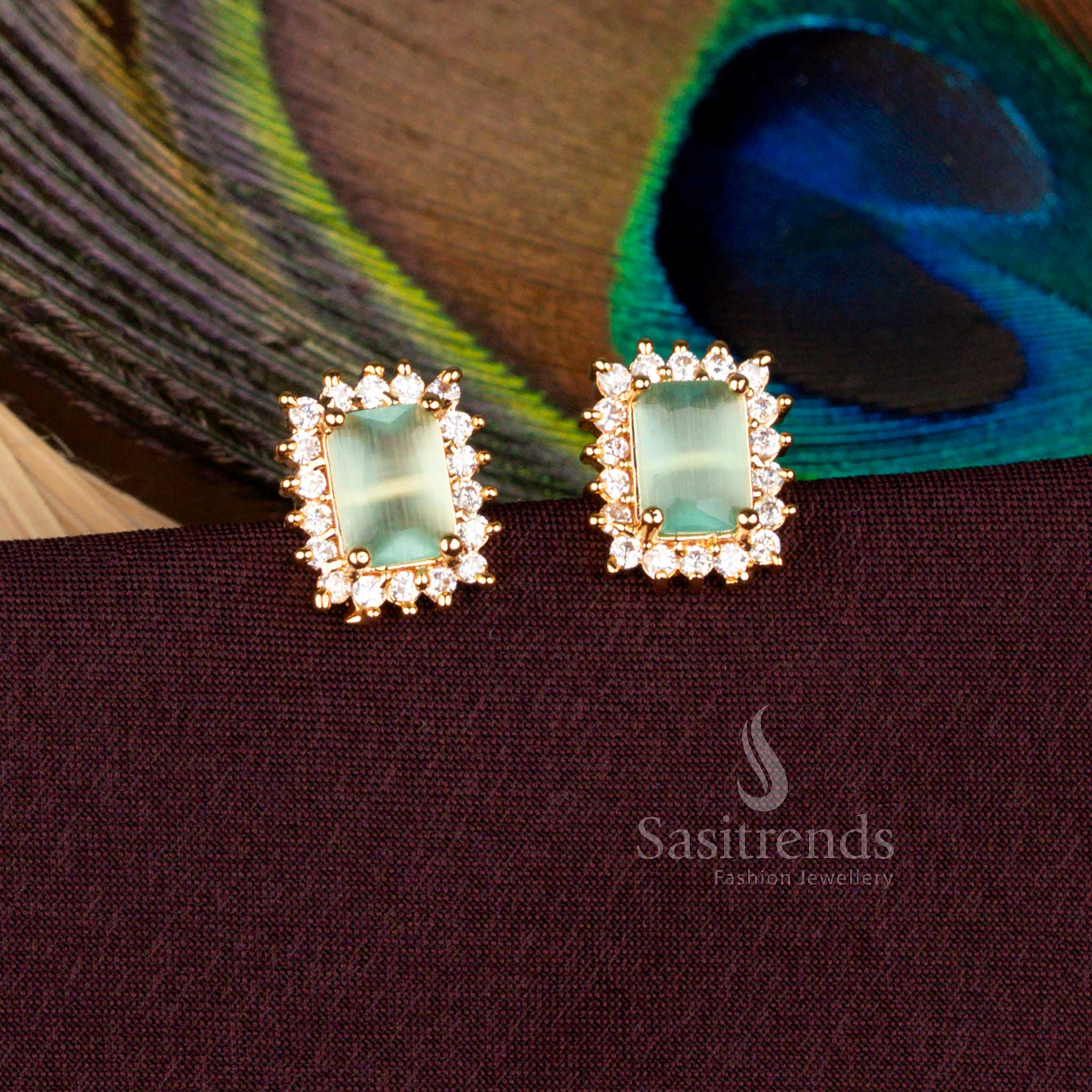 Guaranteed Micro Gold Plated Rectangular AD Stud Earrings for Wedding Wear - Image 4
