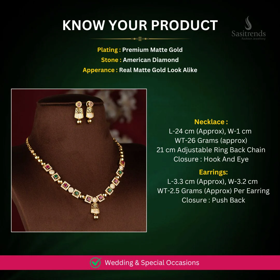 Contemporary American Diamond Matte Gold Plated Geometric Square Motif Necklace Jewellery Set for Festive Gatherings - Image 2