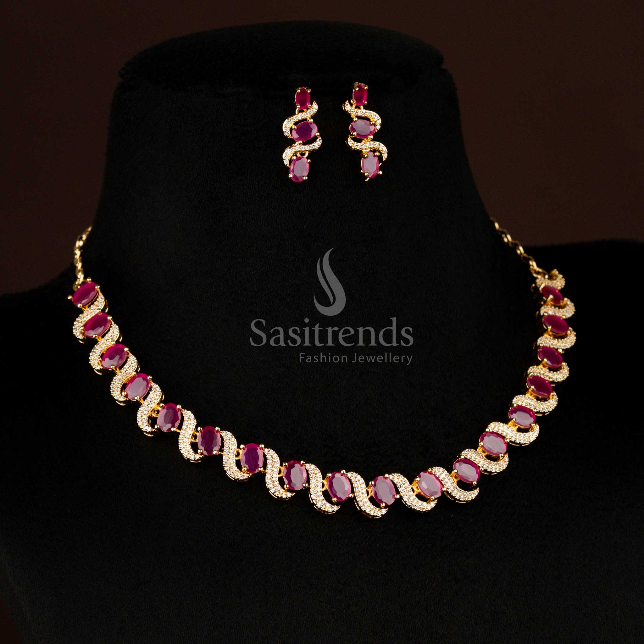 Gorgeous American Diamond Micro Gold Plated S-Curve with Oval Stone Necklace Jewellery Set for Party Wear