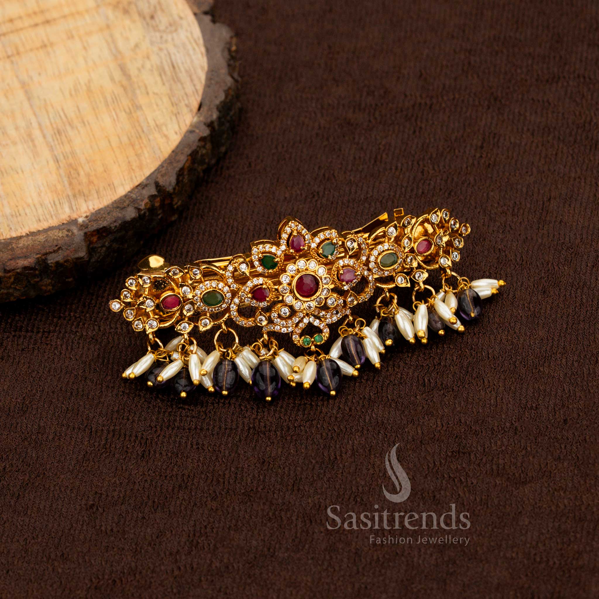 Exquisite Matte Gold Plated Teardrop Floral Hair Clip with AD Stones and Pearls For Marriage Events - Image 4