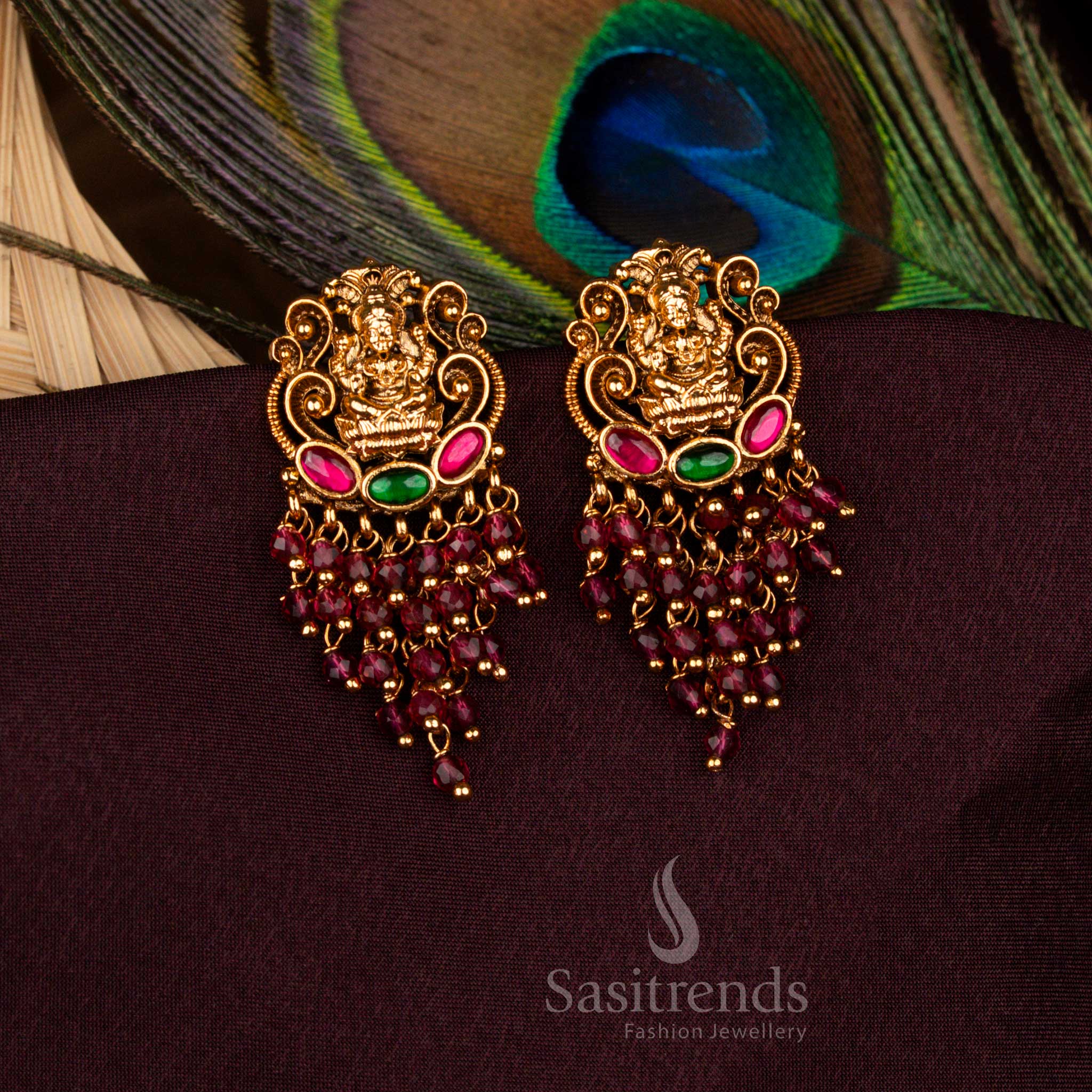 Premium Matte Gold Plated Temple Goddess Lakshmi Earrings with Pearls and Golden Beads - Image 6