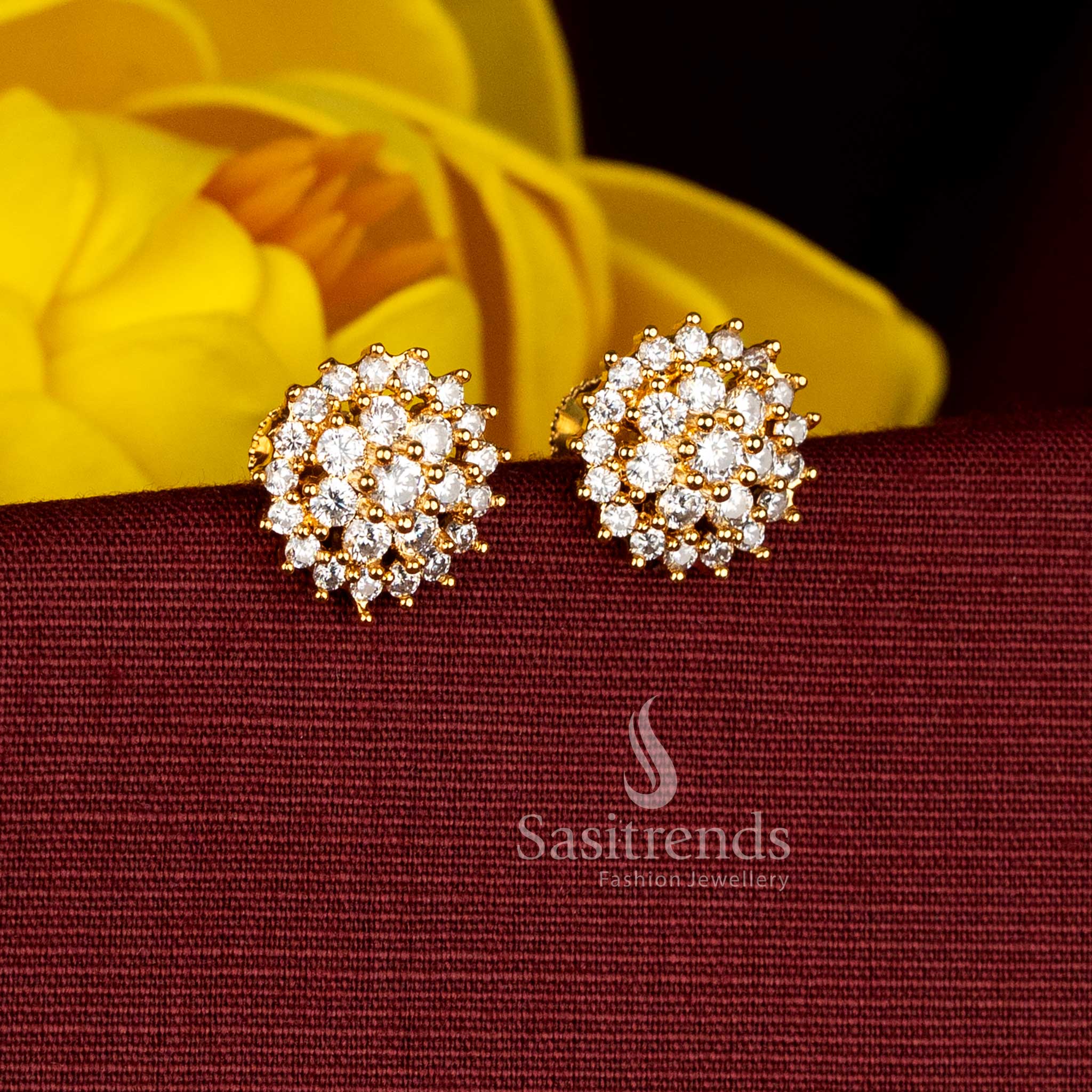 One Gram Micro Gold Plated AD Circular Floral Screw Type Stud Earrings for Traditional Wear