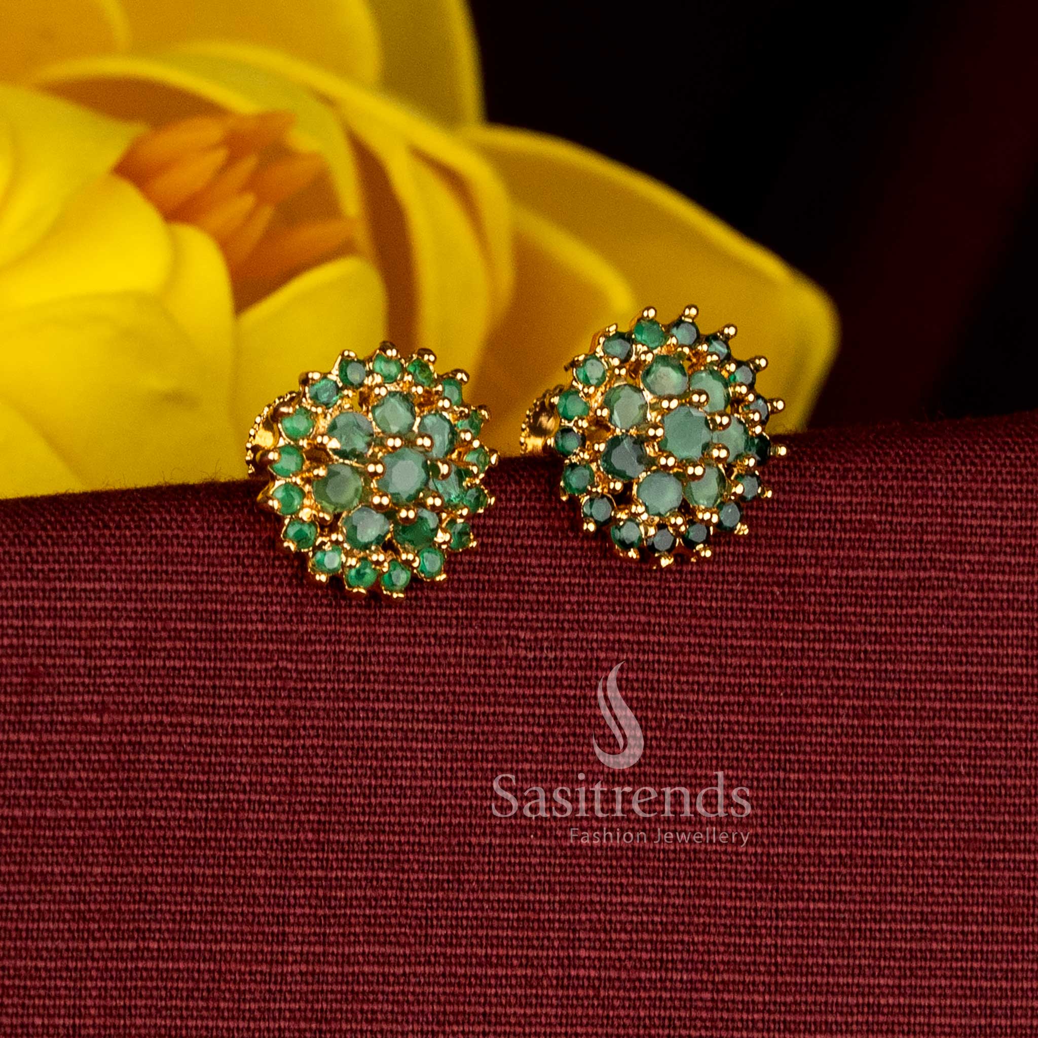 One Gram Micro Gold Plated AD Circular Floral Screw Type Stud Earrings for Traditional Wear - Image 3