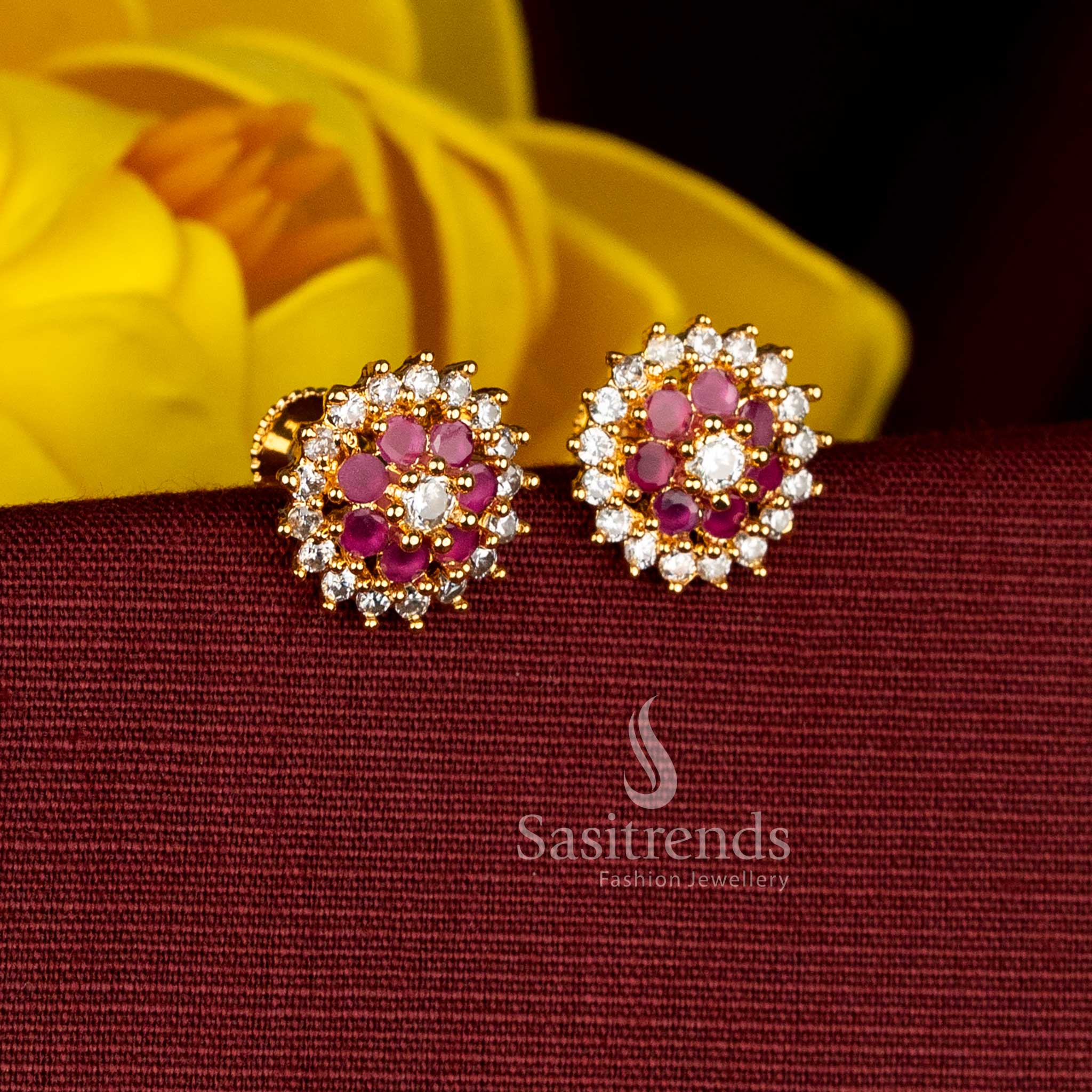 One Gram Micro Gold Plated AD Circular Floral Screw Type Stud Earrings for Traditional Wear - Image 4