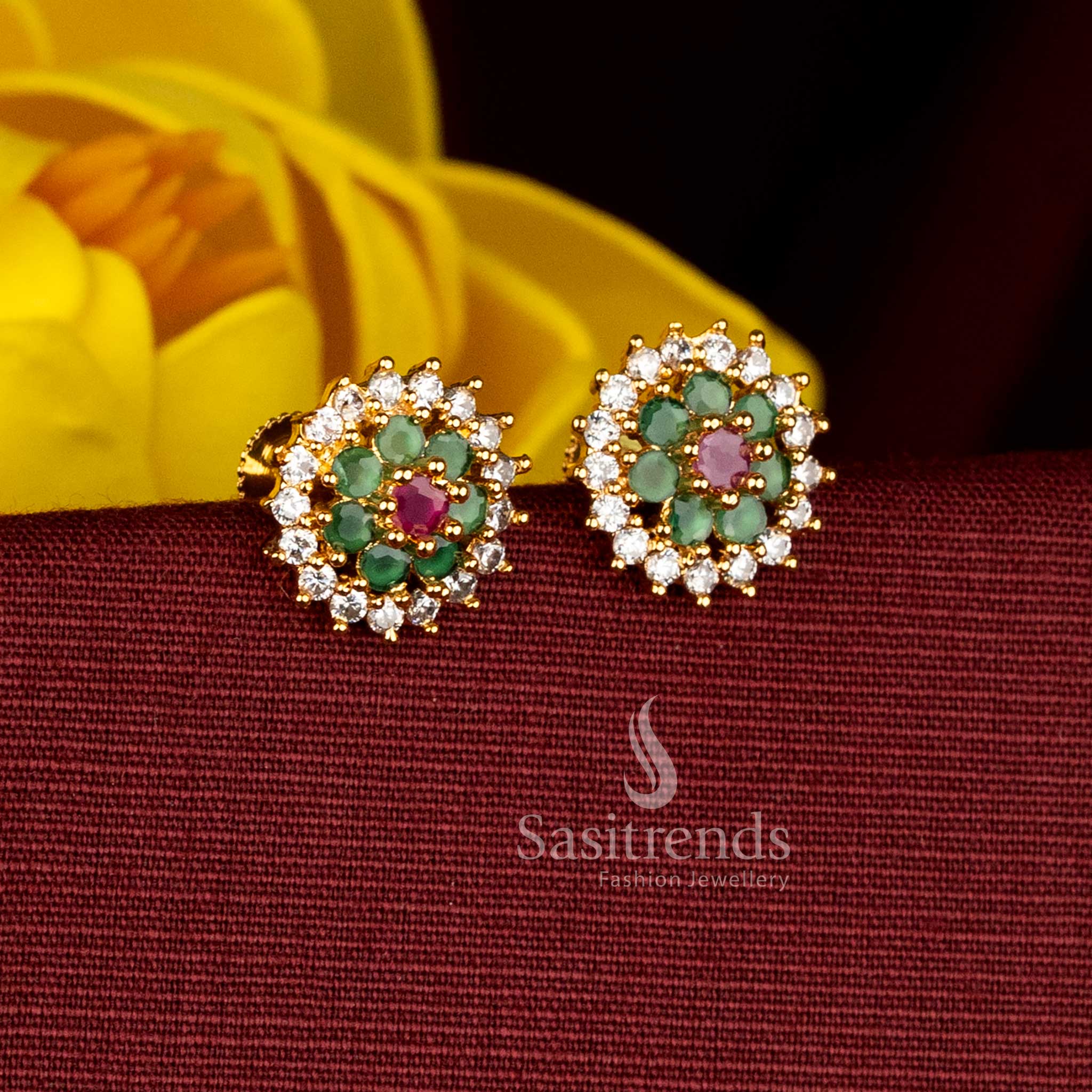 One Gram Micro Gold Plated AD Circular Floral Screw Type Stud Earrings for Traditional Wear - Image 5