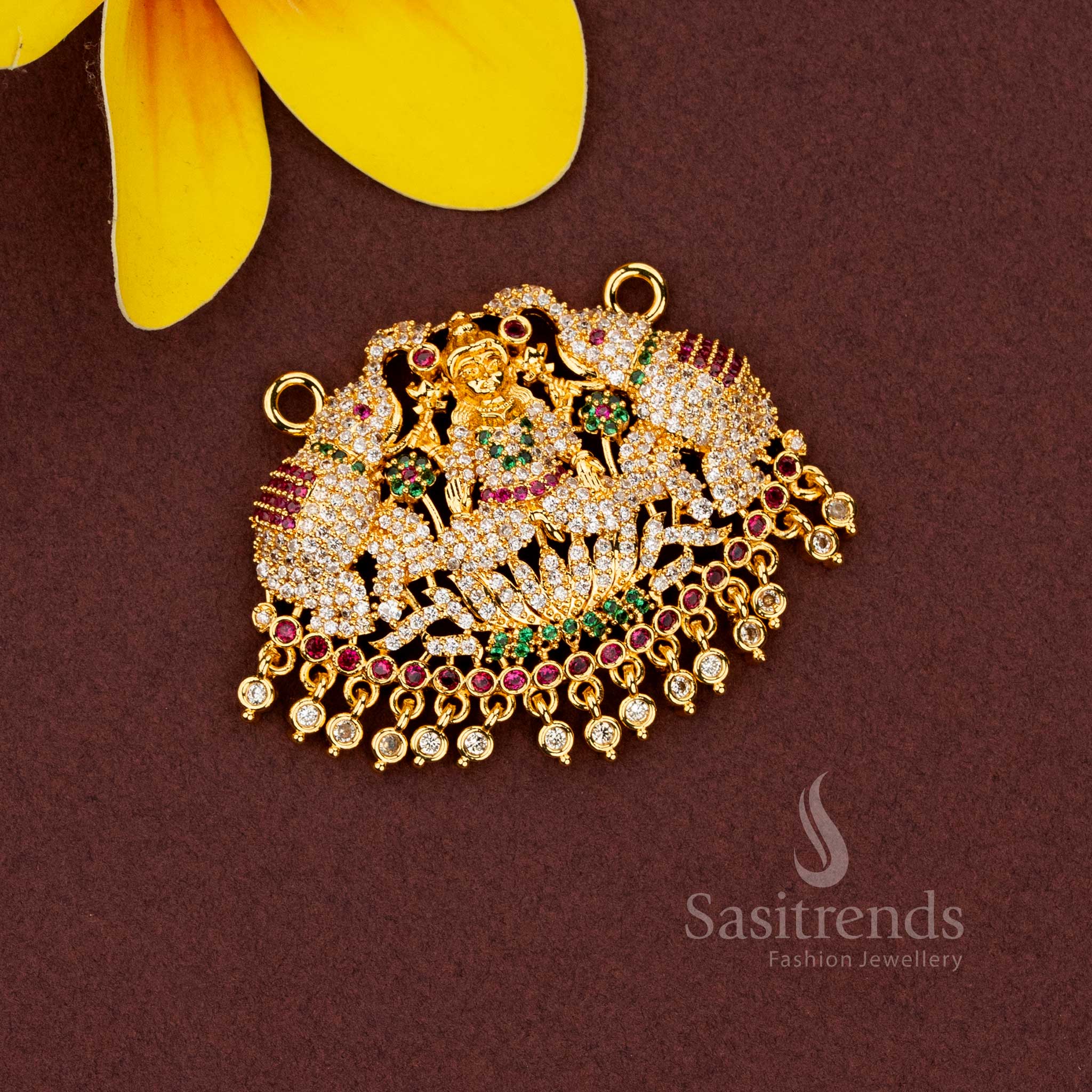 Amazing Micro Gold Plated AD Stone Dual Elephant with Lakshmi Pendant for Traditional Temple & Wedding Wear - Guaranteed - Image 2
