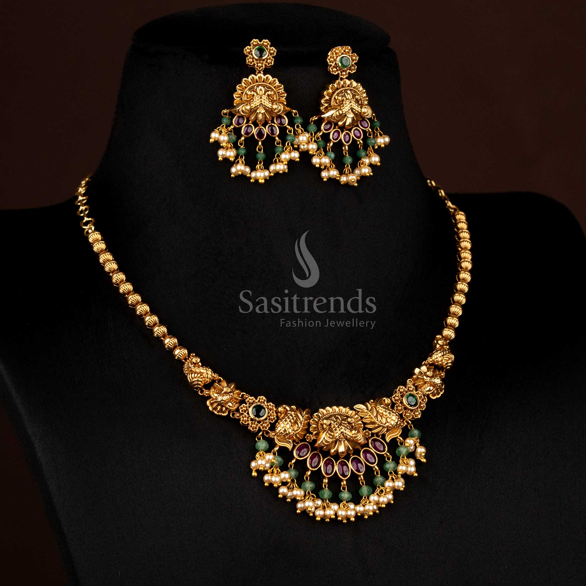 Regal Premium Matte Gold Plated Floral Dual Peacock Necklace Set with Pearl Hanging for Temple Visits & Cultural Celebrations - Image 5