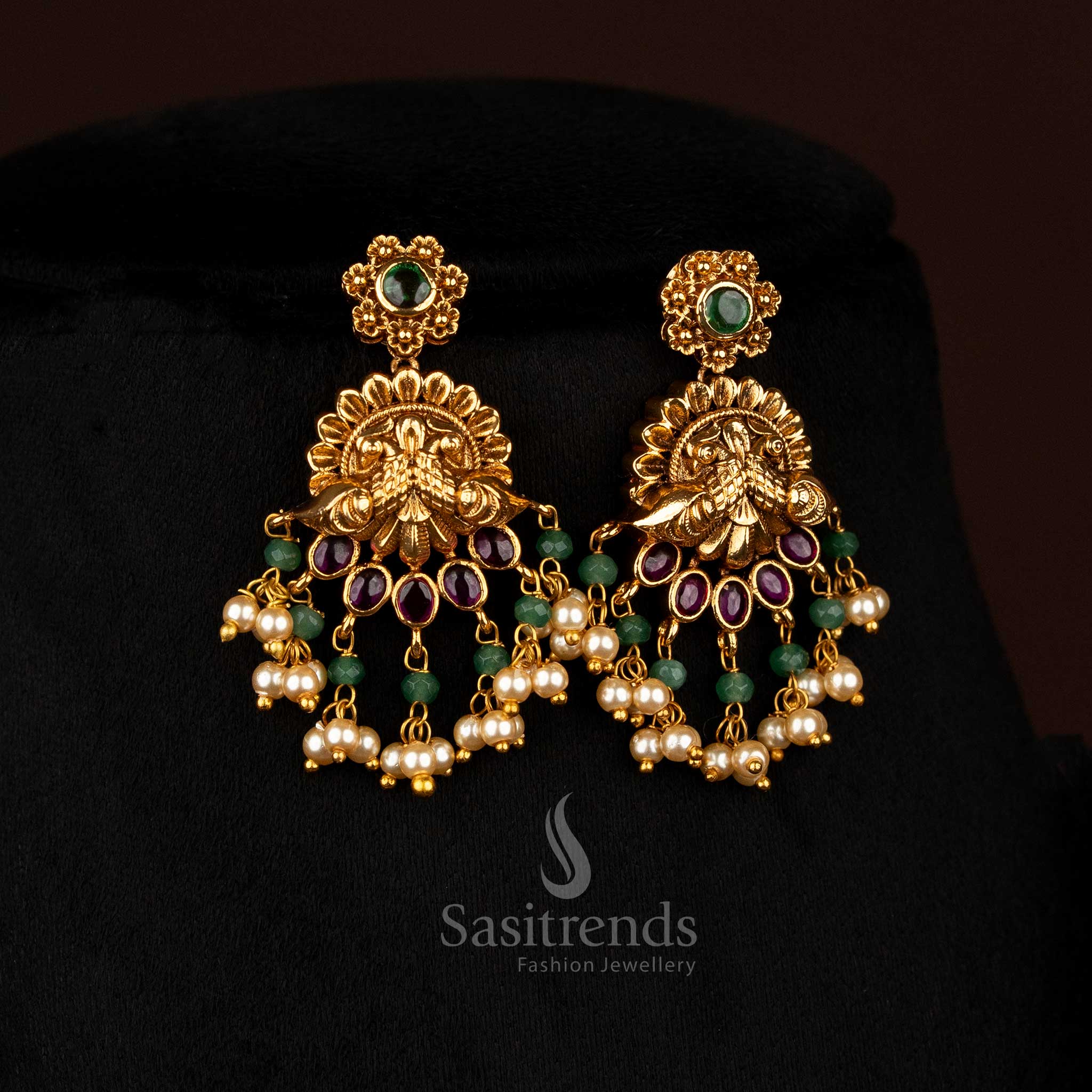 Regal Premium Matte Gold Plated Floral Dual Peacock Necklace Set with Pearl Hanging for Temple Visits & Cultural Celebrations - Image 6