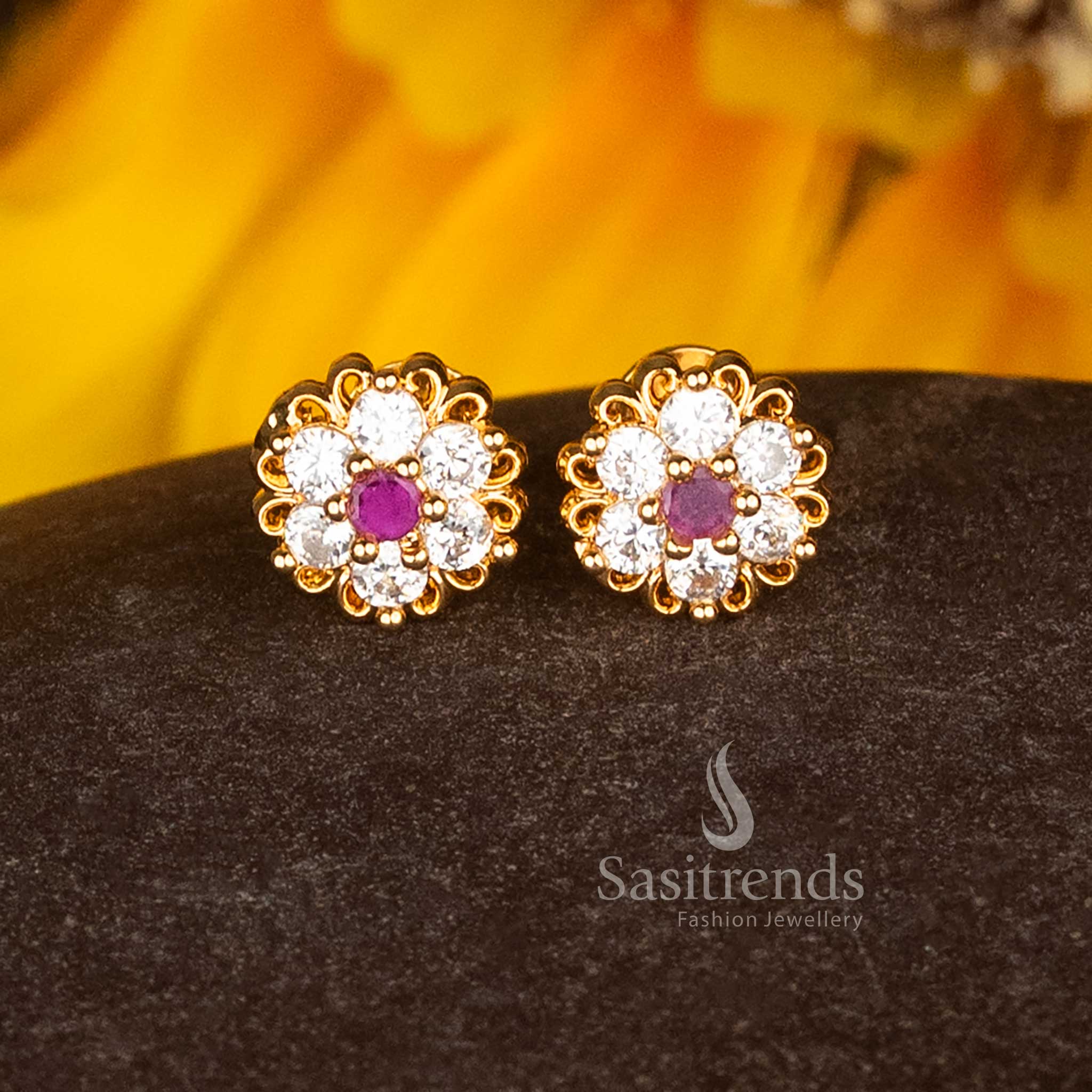 Regal Traditional Micro Gold Plated AD Floral Cluster Stud Earrings with Filigree Edge for Party and Festive Wear – Guaranteed - Image 4