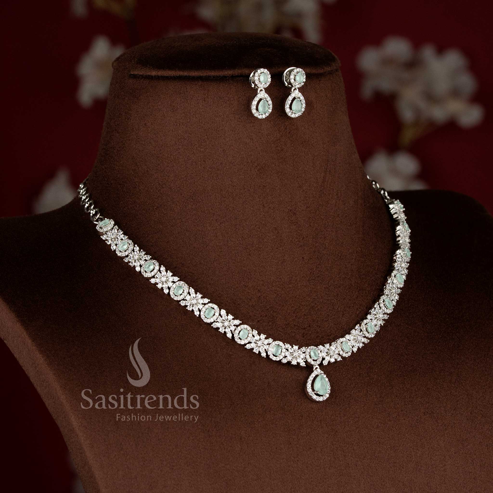 Trendy Rich Look Party Wear Necklace Jewellery Set Rhodium Silver Plating American Diamonds For Women | Sasitrends