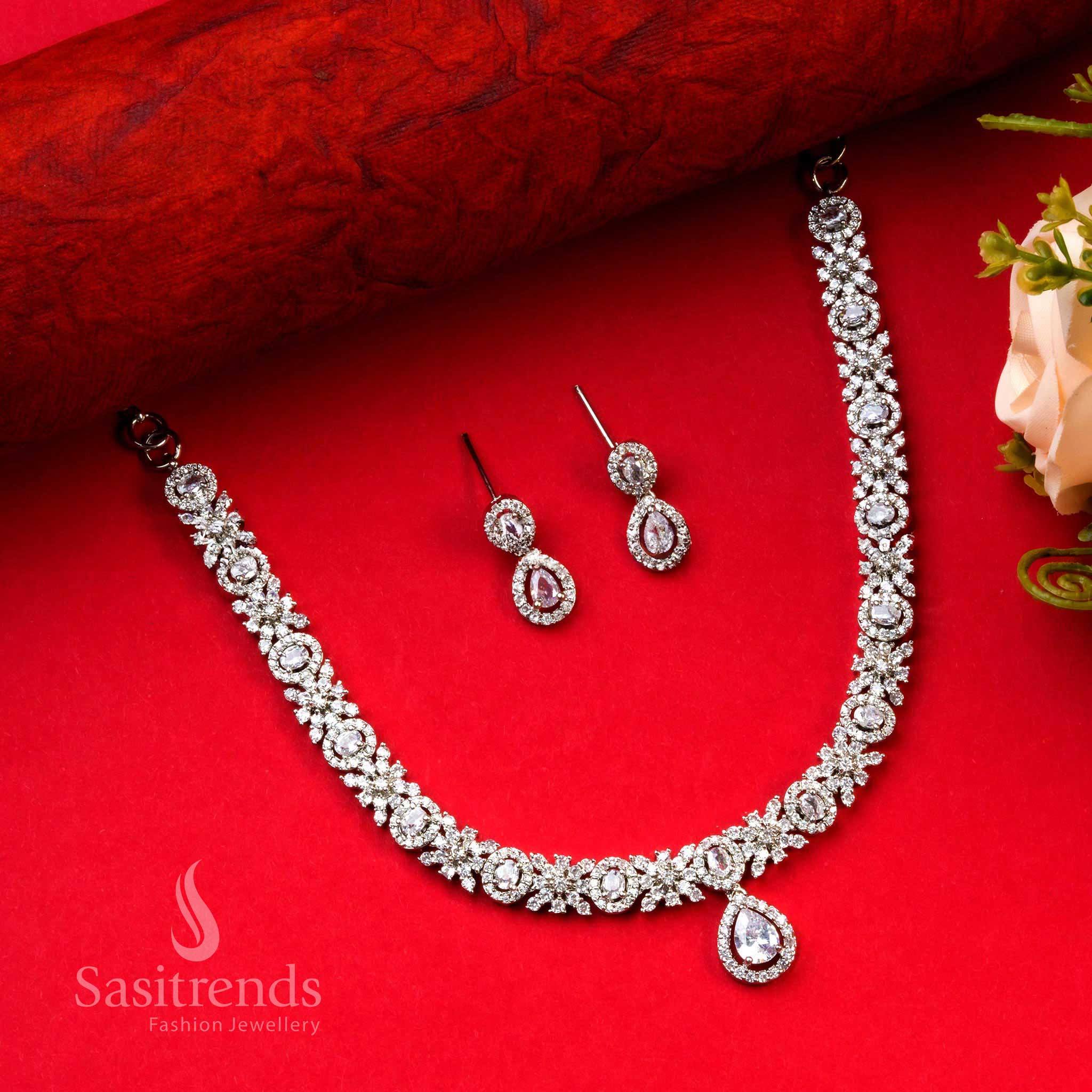 Trendy Rich Look Party Wear Necklace Jewellery Set Rhodium Silver Plating American Diamonds For Women | Sasitrends - Image 6
