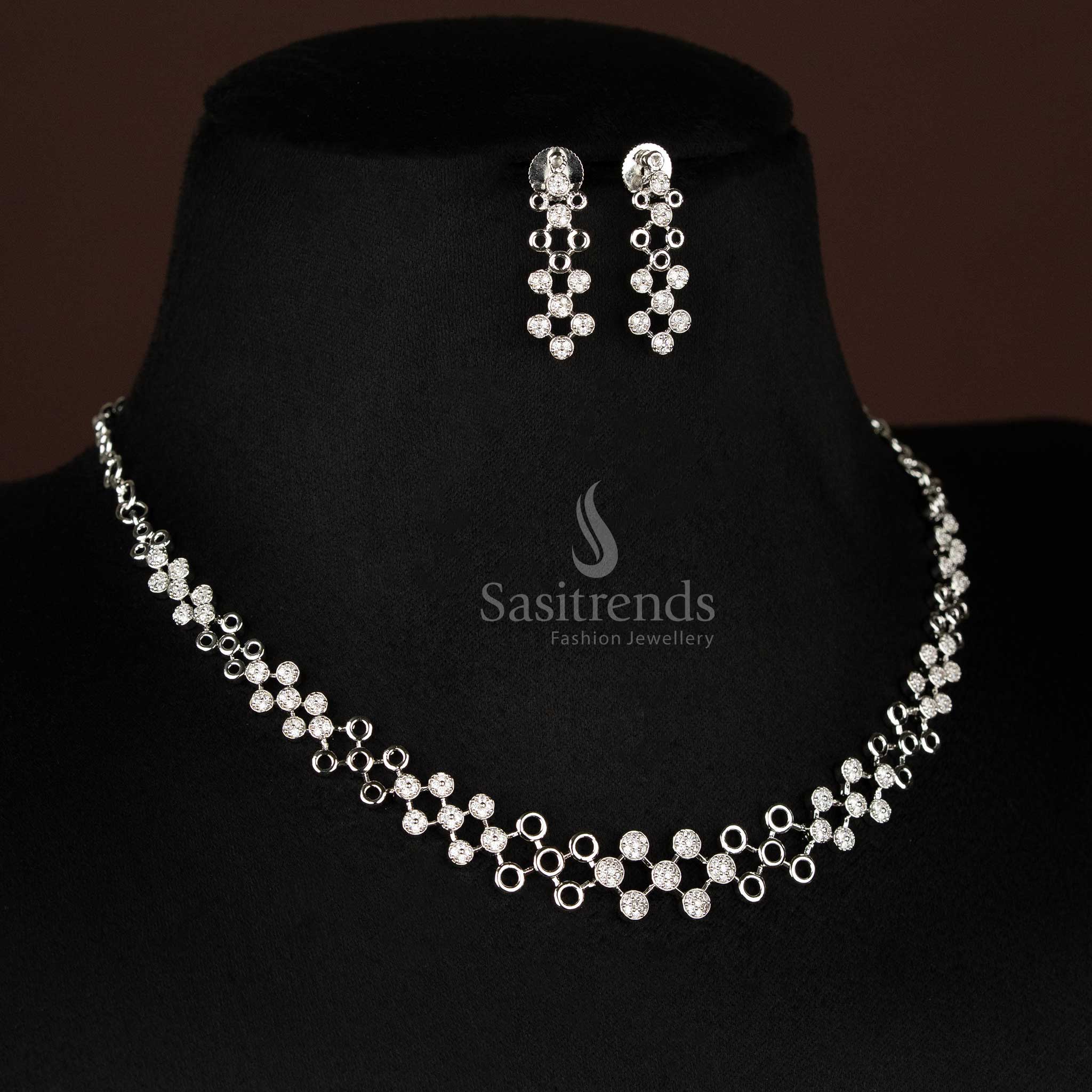 Dazzling American Diamond Gold & Rhodium Plated Necklace Jewellery Set - Geometric Link Design - Sasitrends - Image 4