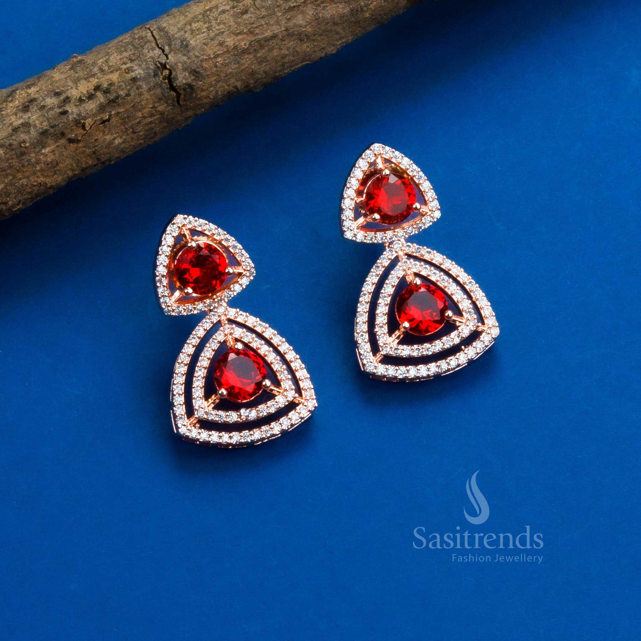 Stunning Party Wear Rhodium Silver & Rose Gold Plated Earrings with Triangle Design and American Diamonds - Sasitrends - Image 10