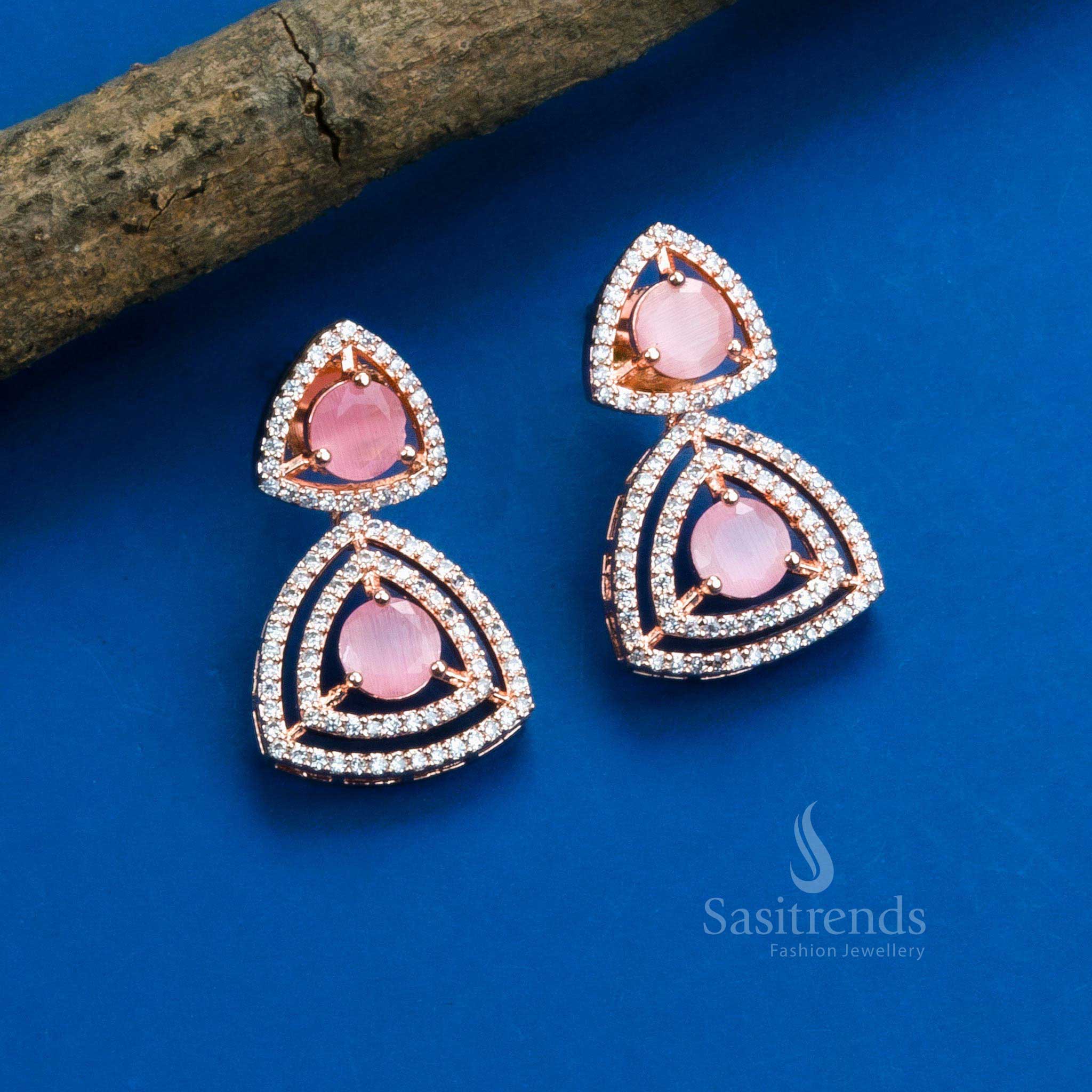 Stunning Party Wear Rhodium Silver & Rose Gold Plated Earrings with Triangle Design and American Diamonds - Sasitrends - Image 11