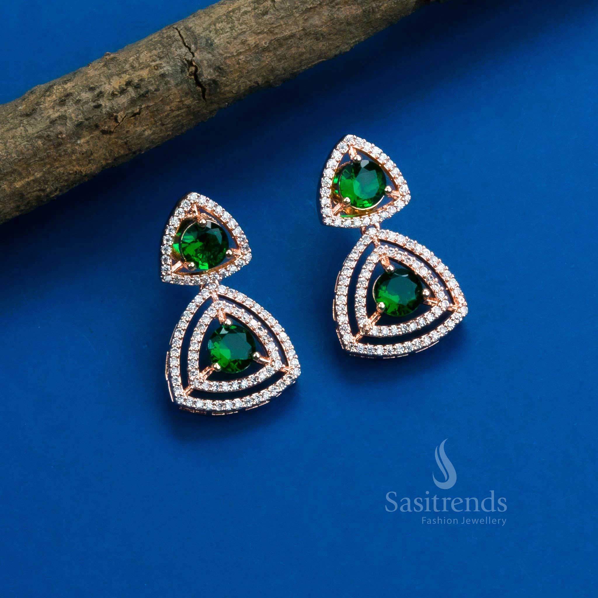 Stunning Party Wear Rhodium Silver & Rose Gold Plated Earrings with Triangle Design and American Diamonds - Sasitrends - Image 12