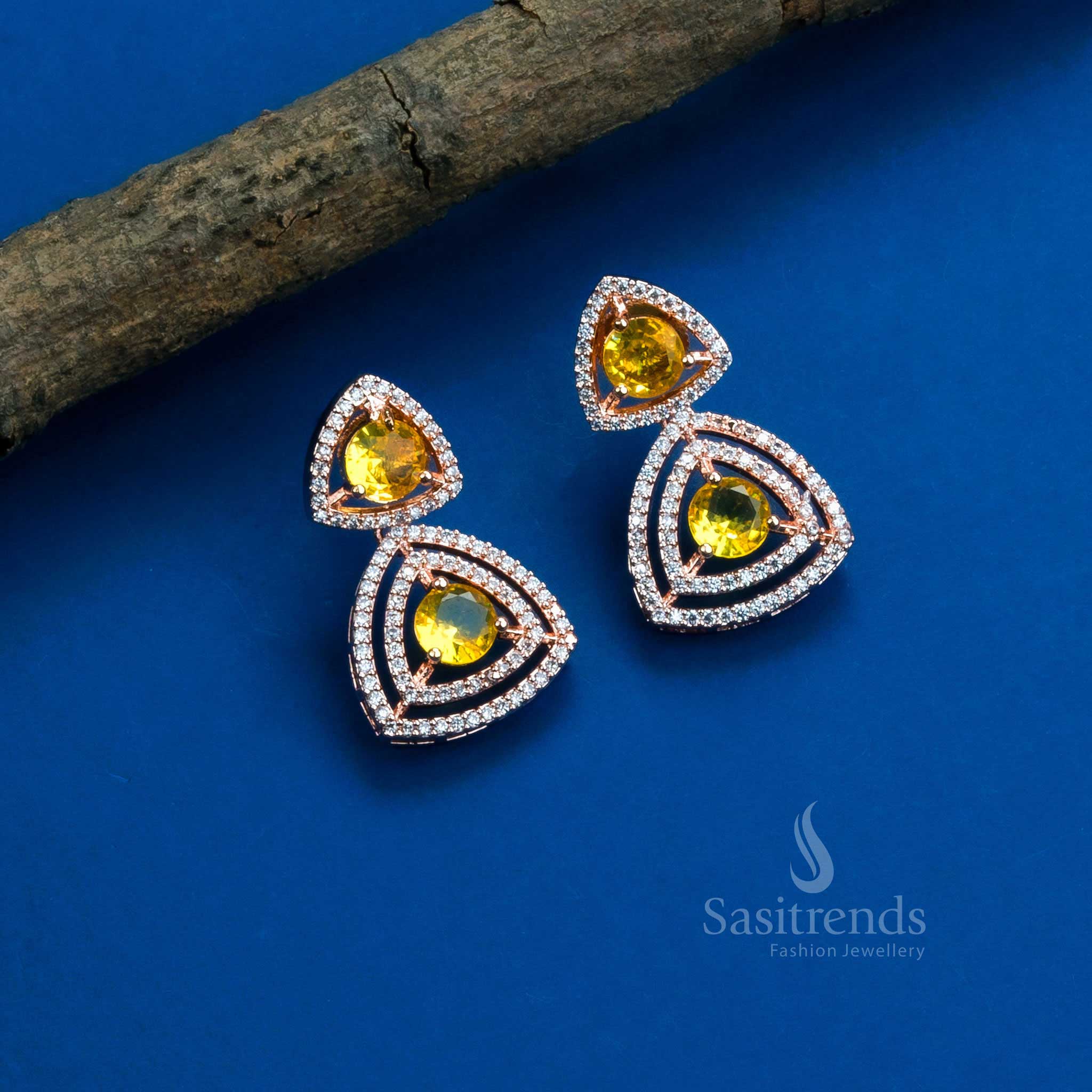 Stunning Party Wear Rhodium Silver & Rose Gold Plated Earrings with Triangle Design and American Diamonds - Sasitrends - Image 13