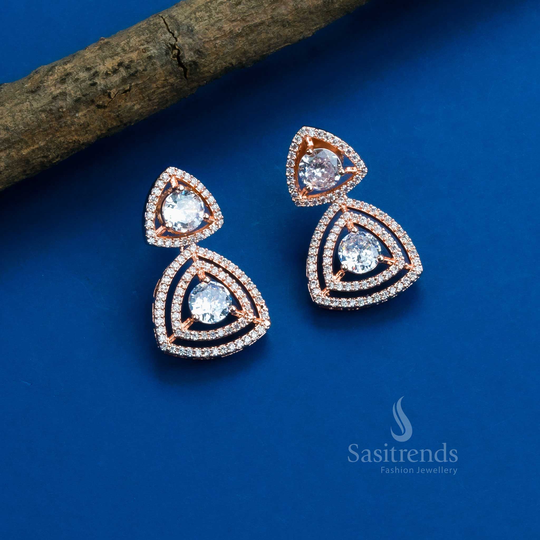 Stunning Party Wear Rhodium Silver & Rose Gold Plated Earrings with Triangle Design and American Diamonds - Sasitrends - Image 14