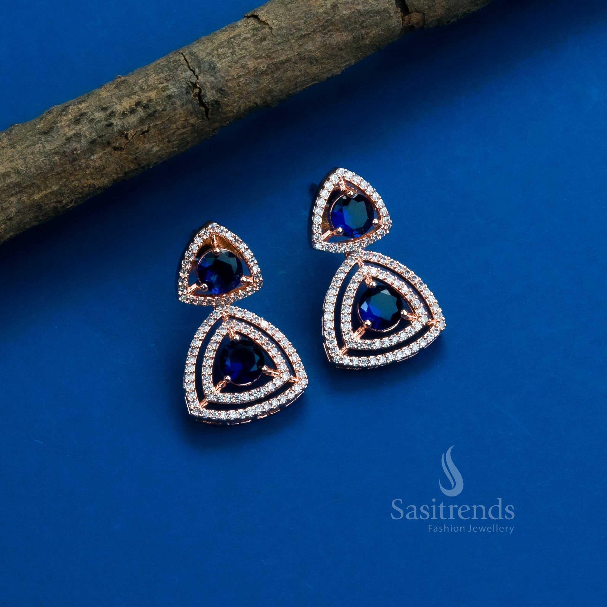 Stunning Party Wear Rhodium Silver & Rose Gold Plated Earrings with Triangle Design and American Diamonds - Sasitrends - Image 15