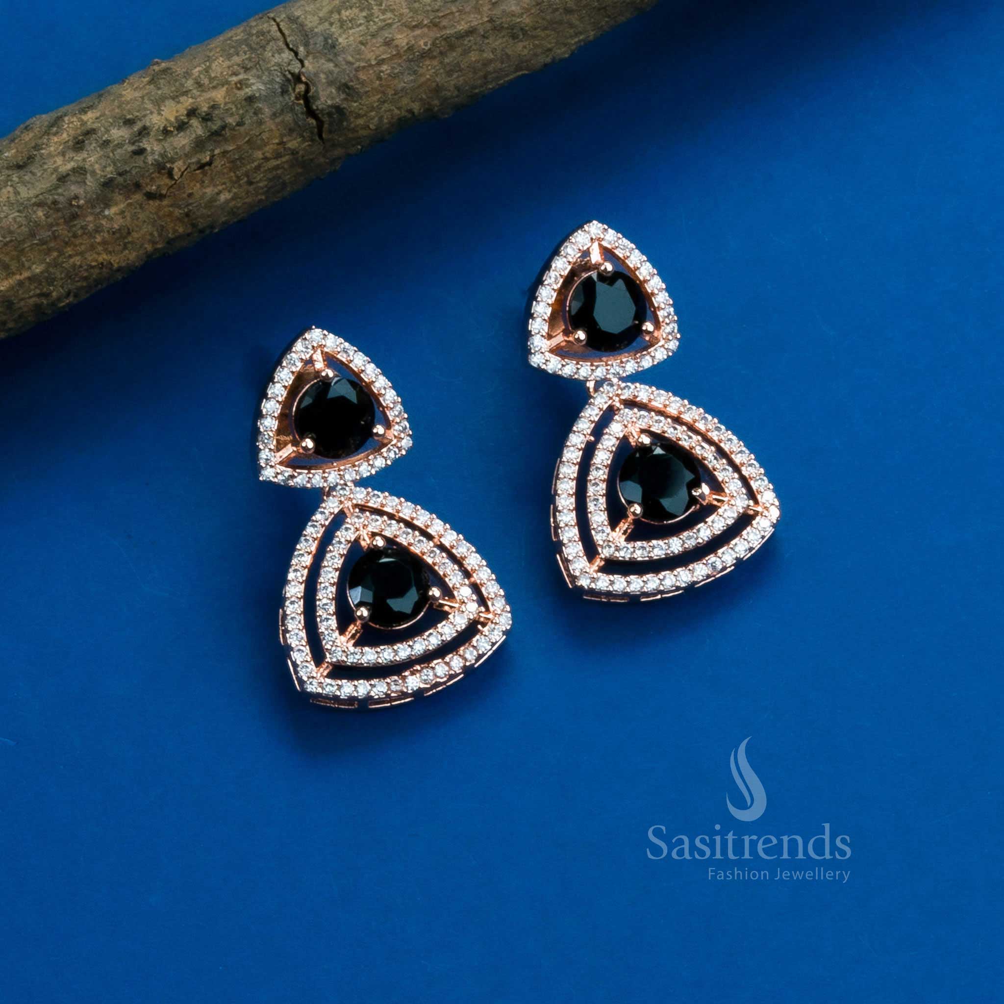 Stunning Party Wear Rhodium Silver & Rose Gold Plated Earrings with Triangle Design and American Diamonds - Sasitrends - Image 16