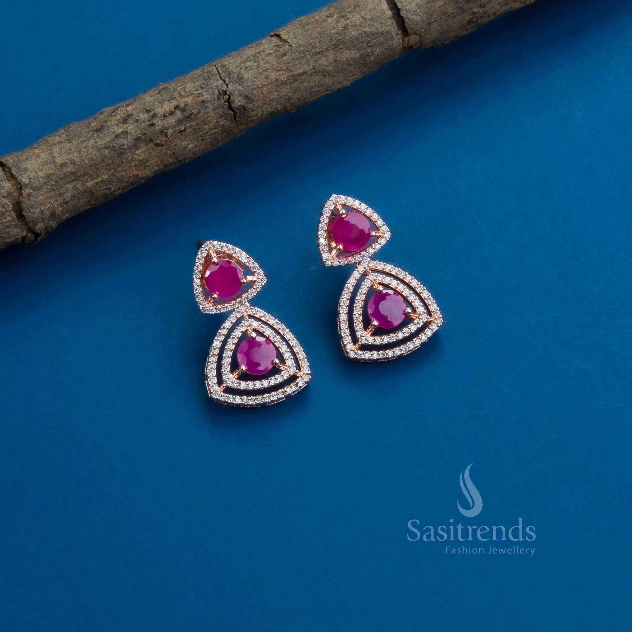 Stunning Party Wear Rhodium Silver & Rose Gold Plated Earrings with Triangle Design and American Diamonds - Sasitrends - Image 17