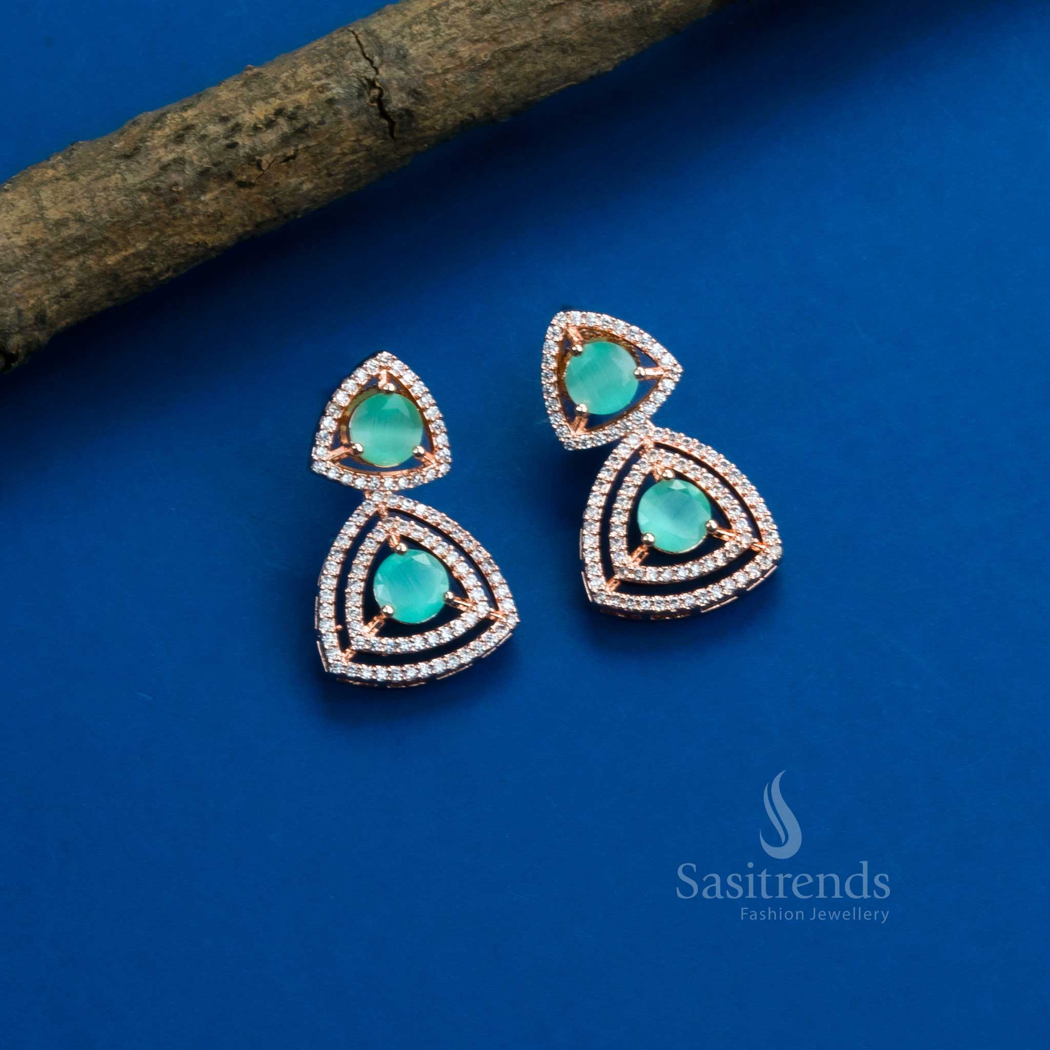 Stunning Party Wear Rhodium Silver & Rose Gold Plated Earrings with Triangle Design and American Diamonds - Sasitrends - Image 18