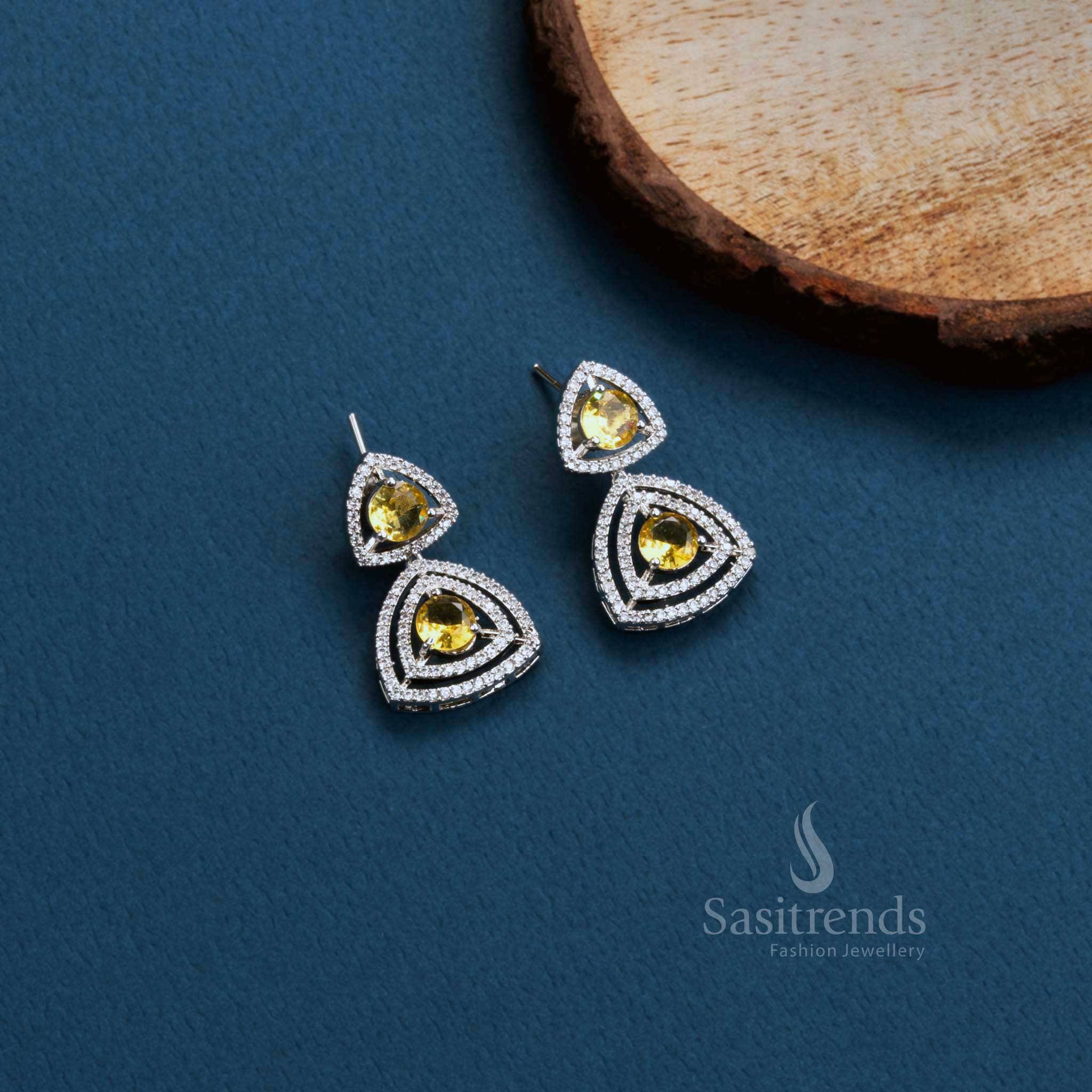 Stunning Party Wear Rhodium Silver & Rose Gold Plated Earrings with Triangle Design and American Diamonds - Sasitrends - Image 3