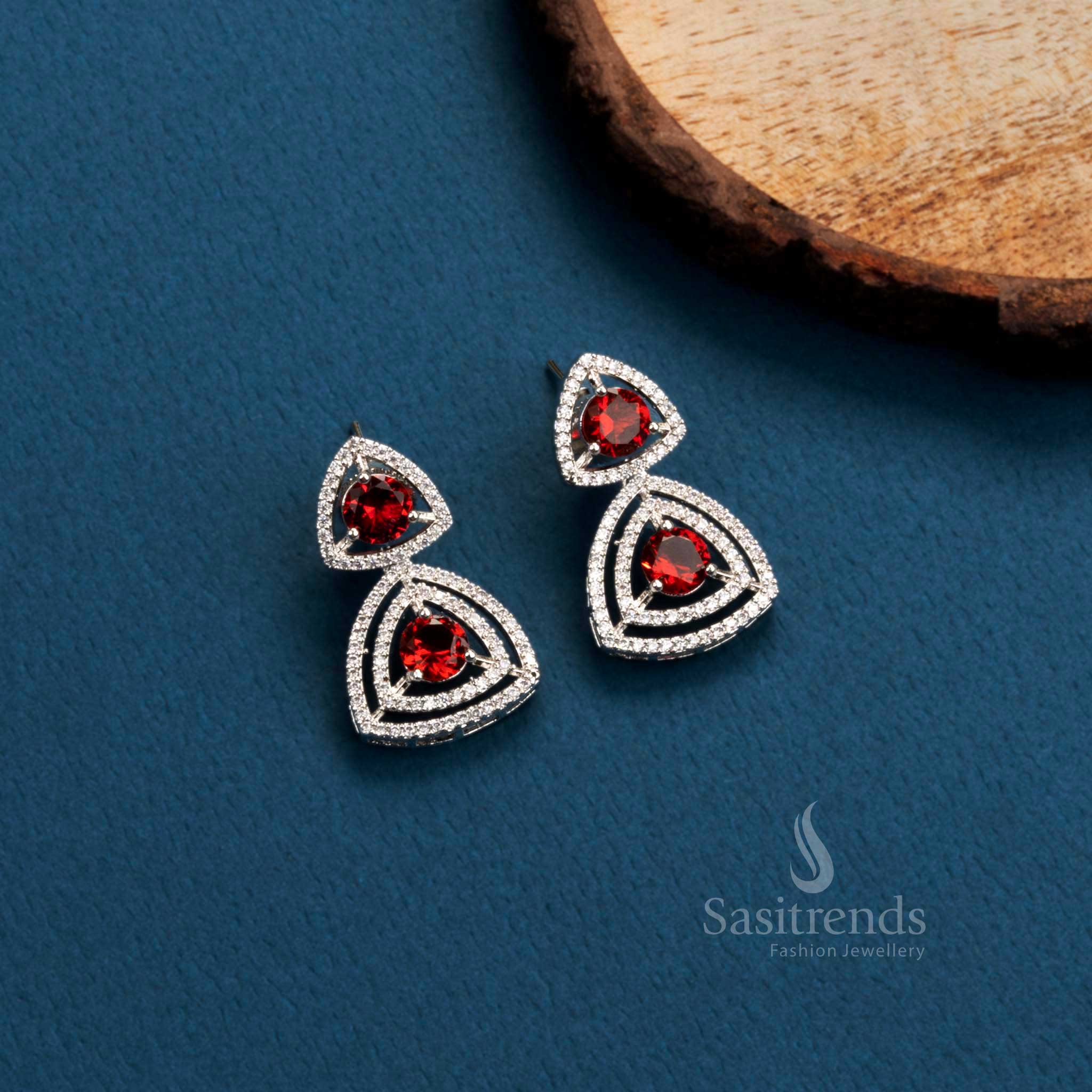 Stunning Party Wear Rhodium Silver & Rose Gold Plated Earrings with Triangle Design and American Diamonds - Sasitrends - Image 4