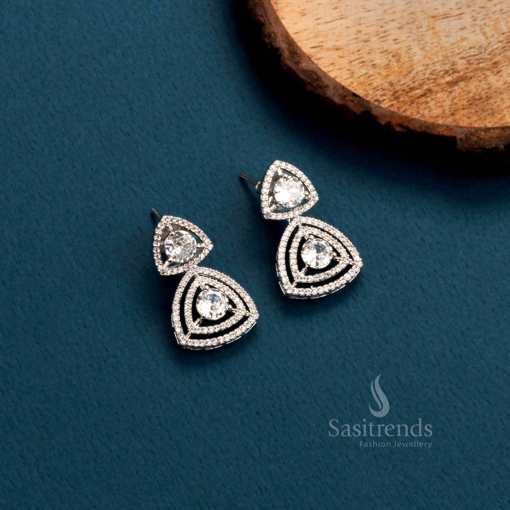 Stunning Party Wear Rhodium Silver & Rose Gold Plated Earrings with Triangle Design and American Diamonds - Sasitrends - Image 5