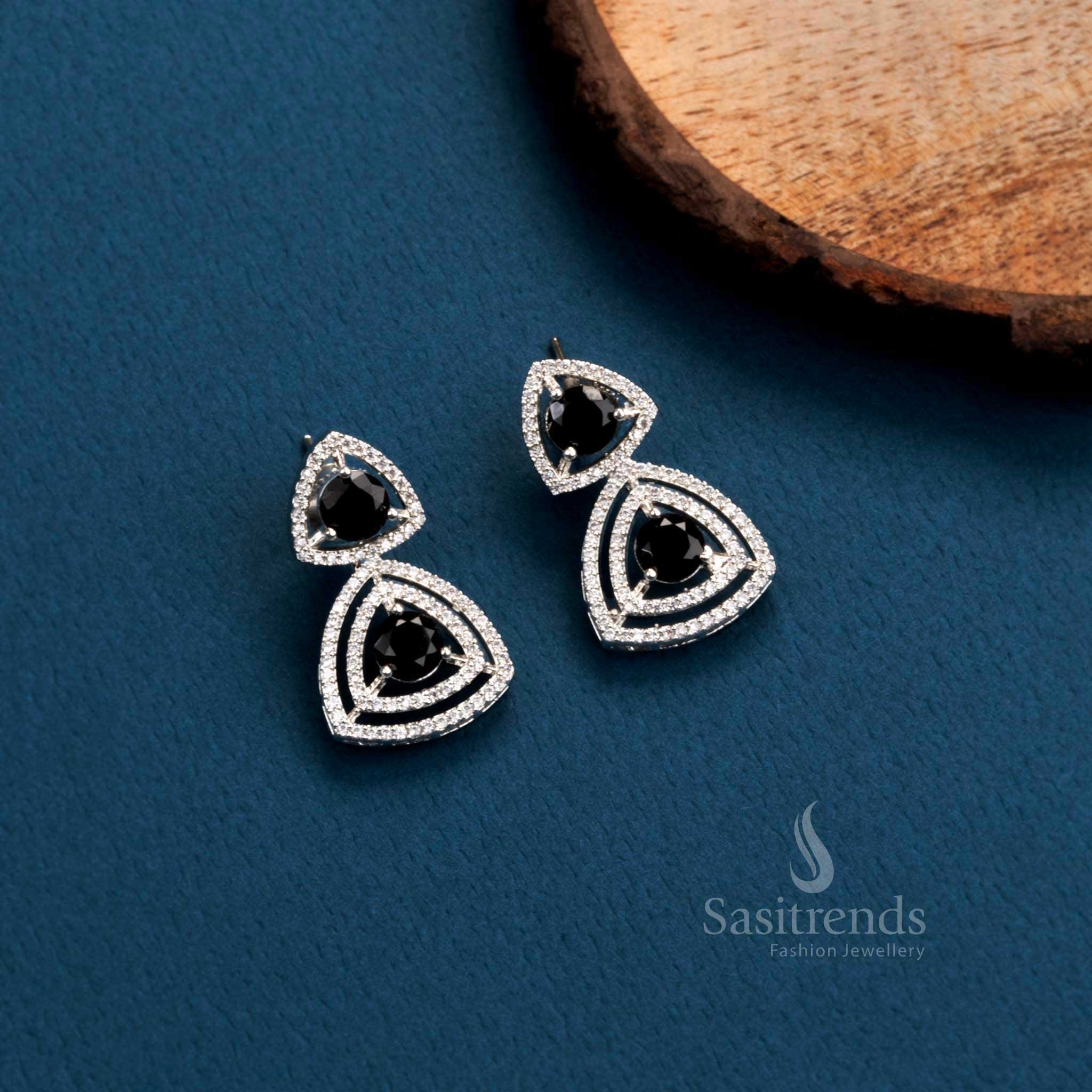 Stunning Party Wear Rhodium Silver & Rose Gold Plated Earrings with Triangle Design and American Diamonds - Sasitrends - Image 6