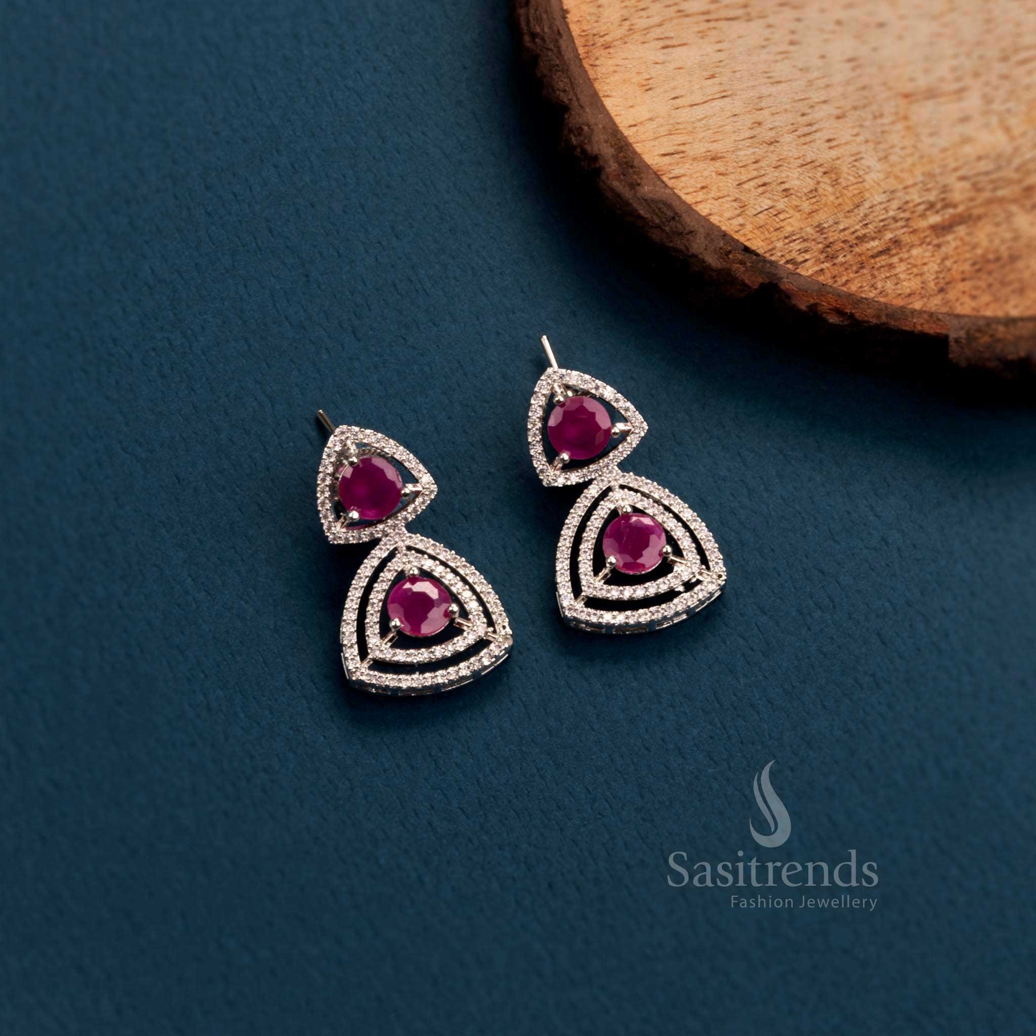 Stunning Party Wear Rhodium Silver & Rose Gold Plated Earrings with Triangle Design and American Diamonds - Sasitrends - Image 7