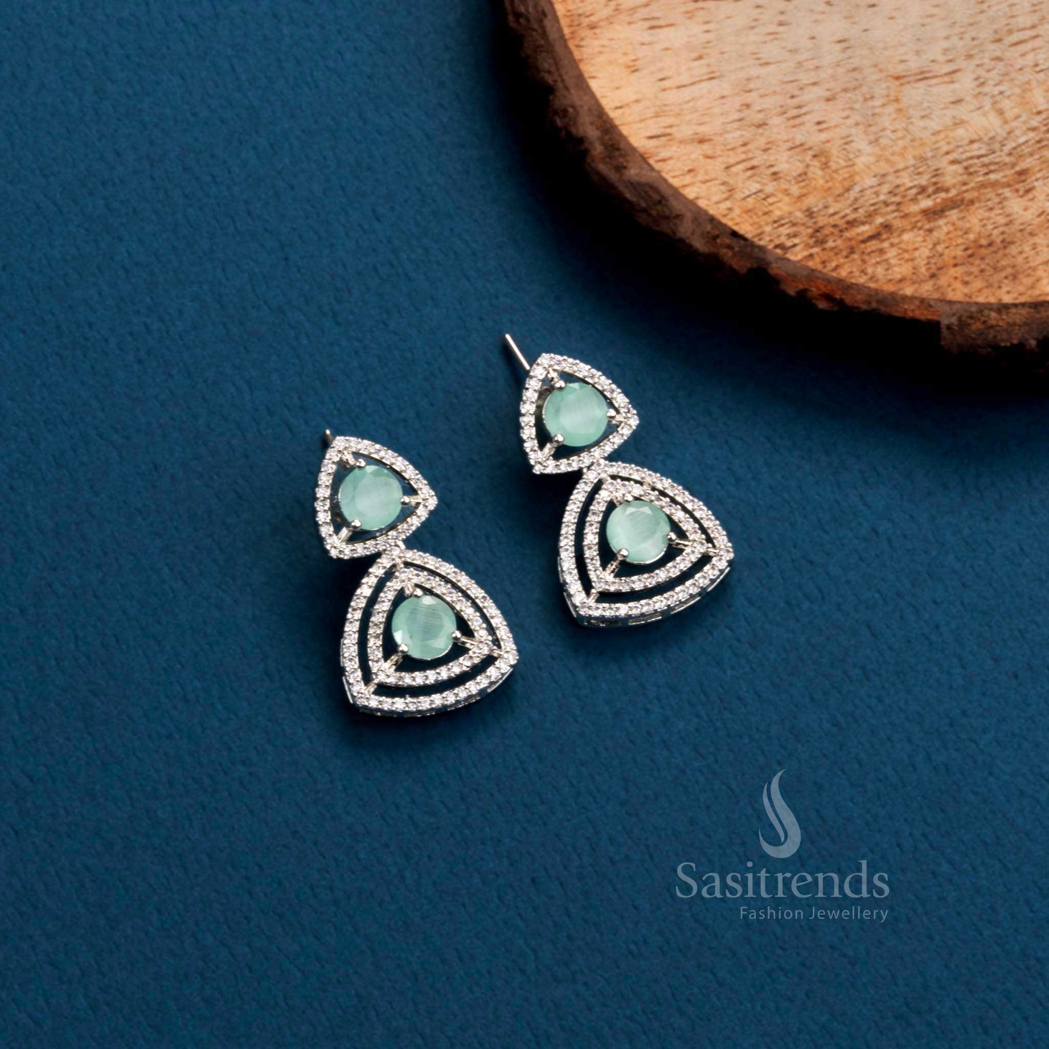 Stunning Party Wear Rhodium Silver & Rose Gold Plated Earrings with Triangle Design and American Diamonds - Sasitrends - Image 8