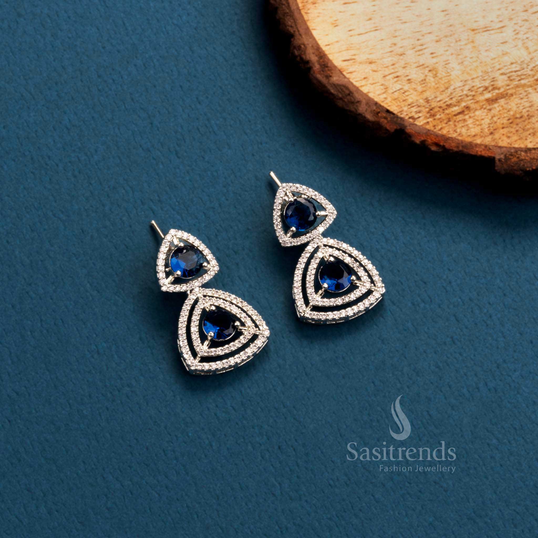 Stunning Party Wear Rhodium Silver & Rose Gold Plated Earrings with Triangle Design and American Diamonds - Sasitrends - Image 9