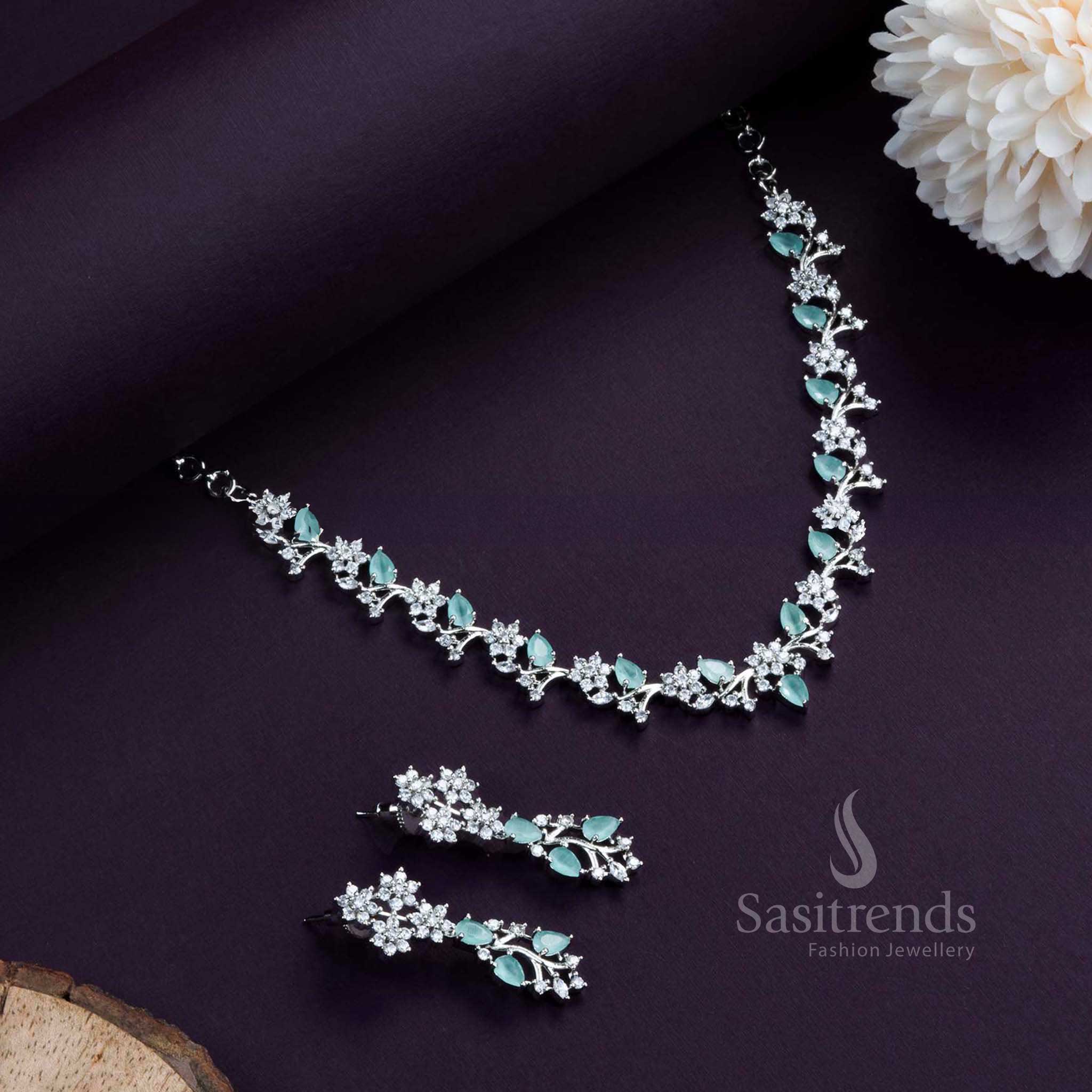 Rich Party Wear Rhodium Silver Plated American Diamond Necklace Jewellery Set with Stunning Floral Pattern - Image 5
