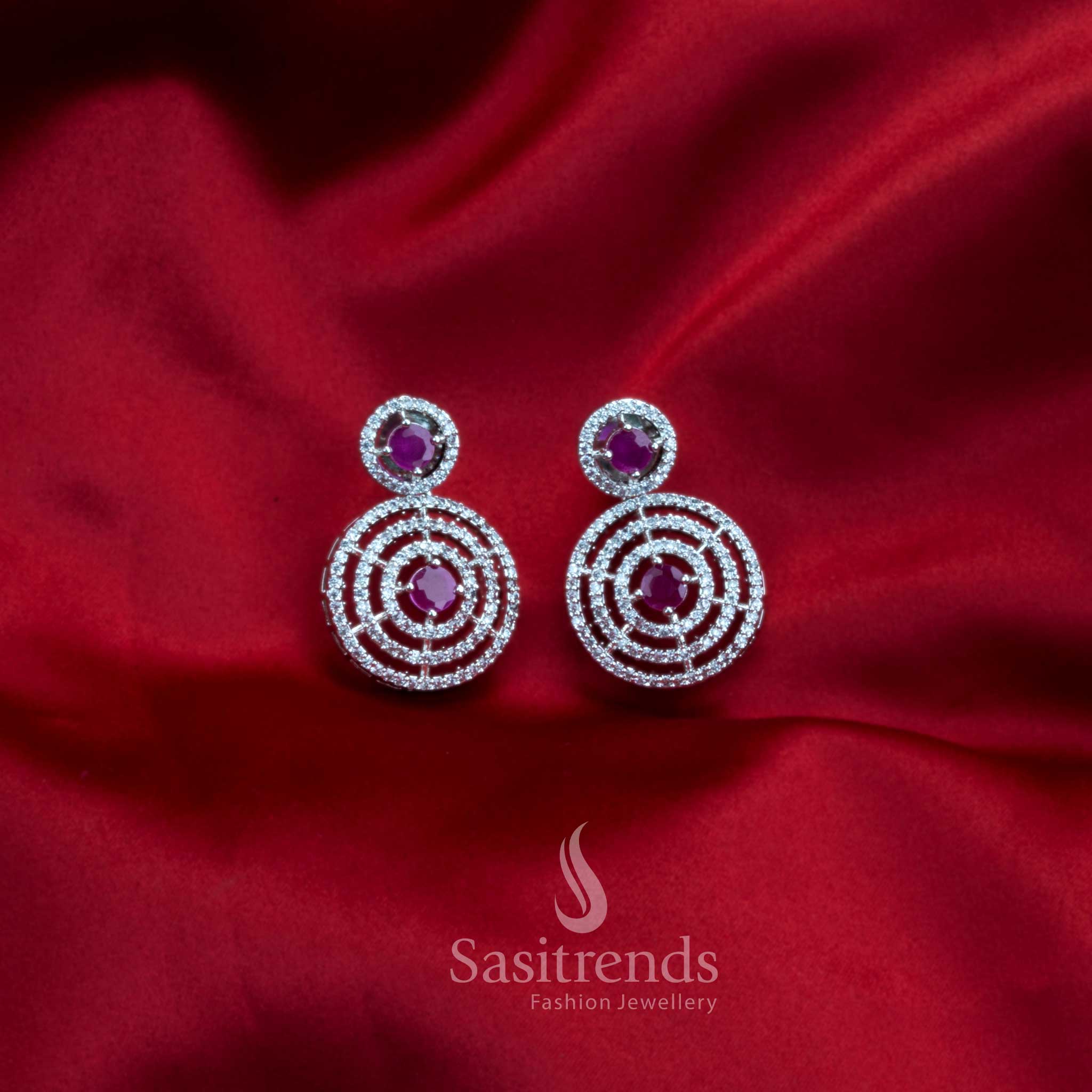 Gorgeous Party Wear Rhodium Silver Plated Earrings with Stunning Circle Pattern and American Diamond Stones - Image 10
