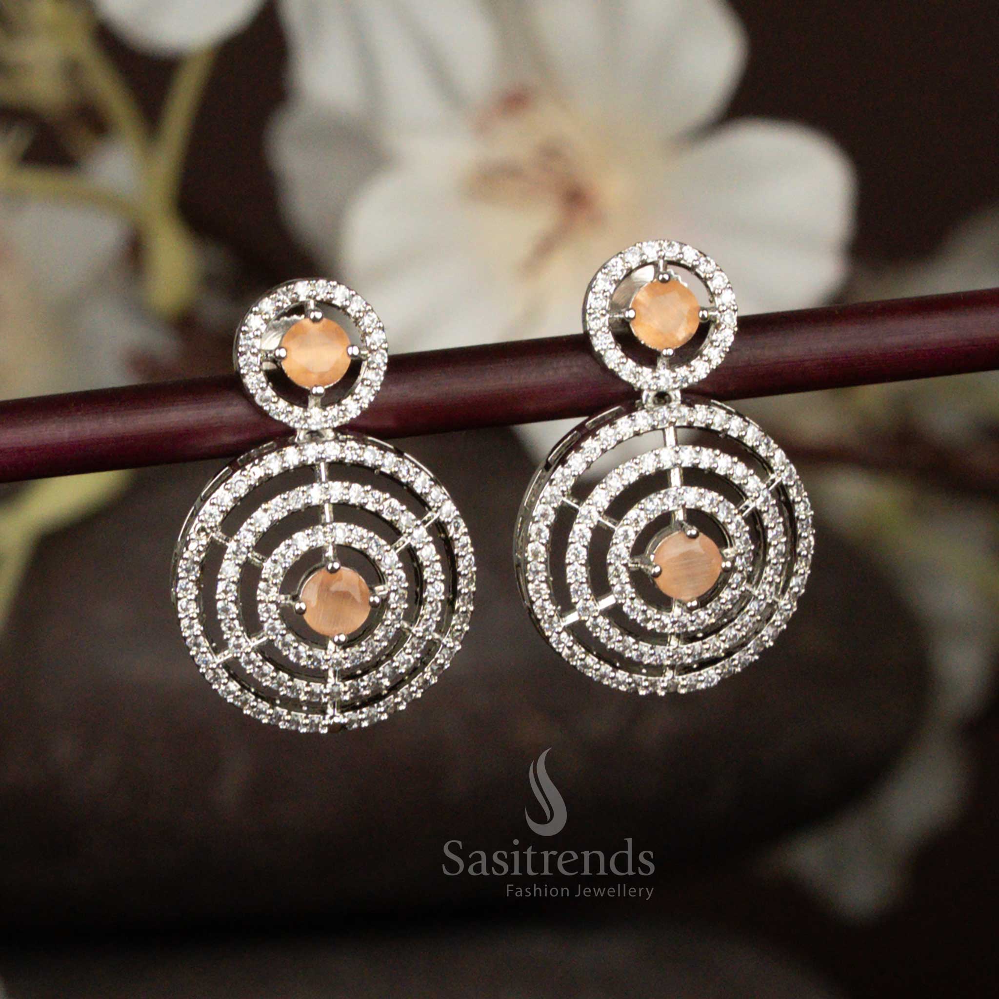 Gorgeous Party Wear Rhodium Silver Plated Earrings with Stunning Circle Pattern and American Diamond Stones - Image 12