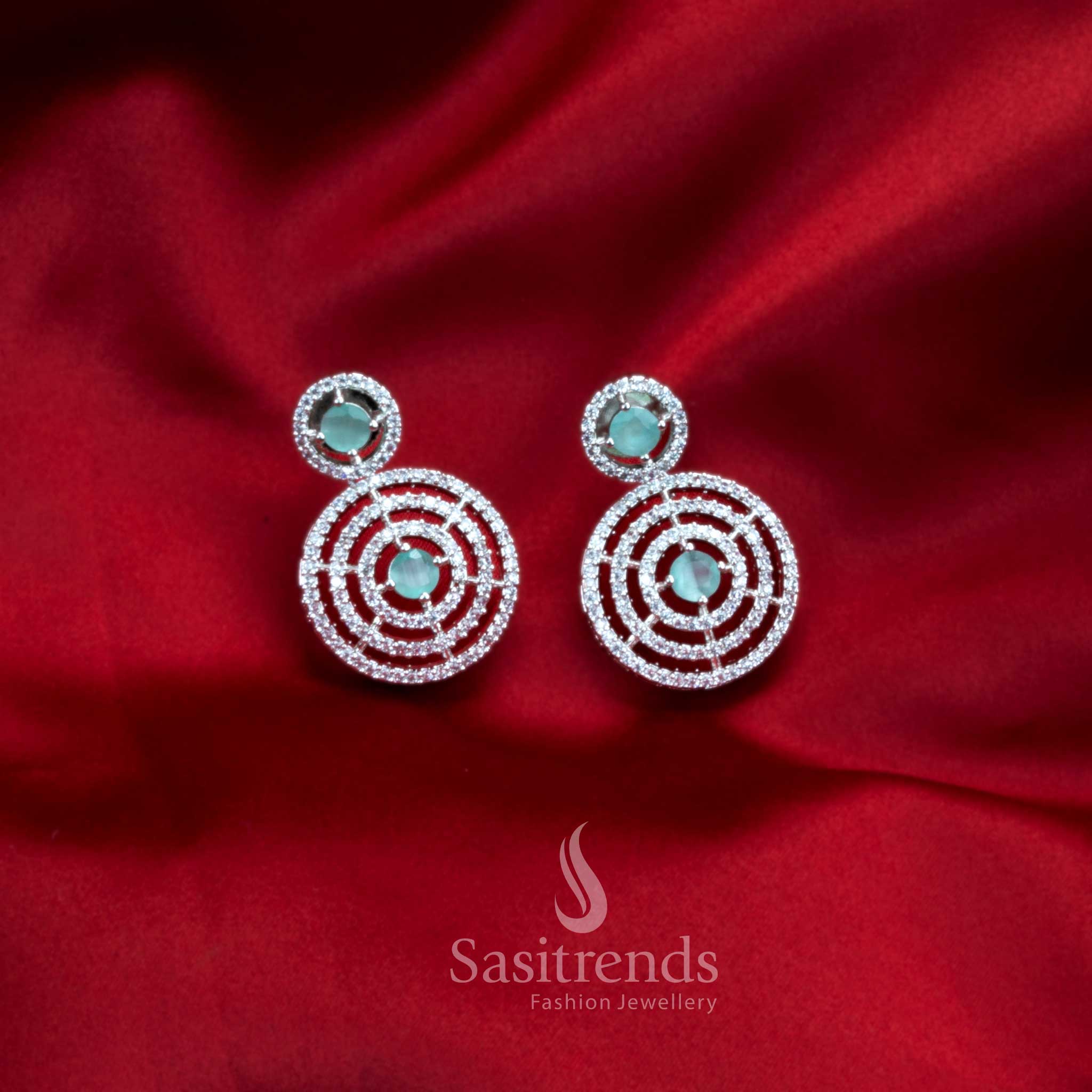 Gorgeous Party Wear Rhodium Silver Plated Earrings with Stunning Circle Pattern and American Diamond Stones - Image 3