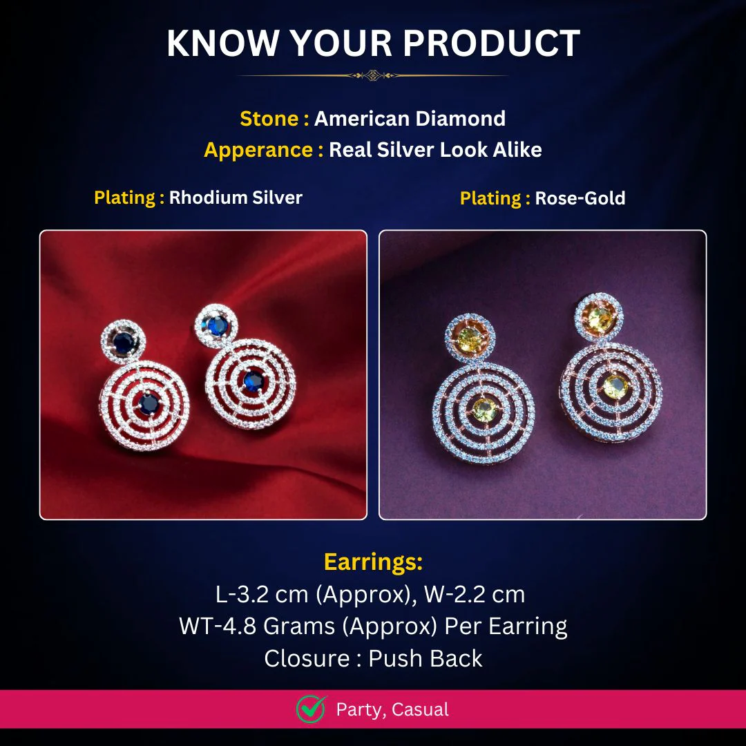 Gorgeous Party Wear Rhodium Silver Plated Earrings with Stunning Circle Pattern and American Diamond Stones - Image 4